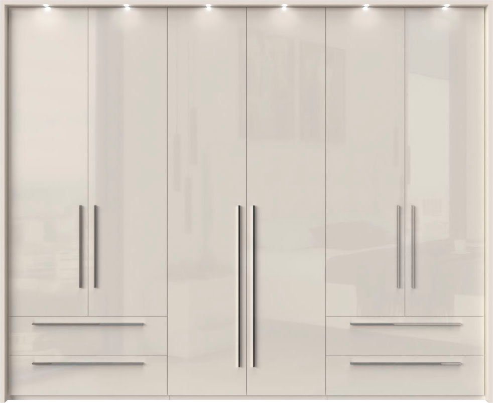 OTTO home Drehtürenschrank Piano, inklusive Rahmen und Beleuchtung, soft-close-Funktion (277 oder 322cm breit, 226cm hoch, mit 4 Schubladen) UV lackiert, hochglänzend weiß oder beige, FSC-zertifiziert