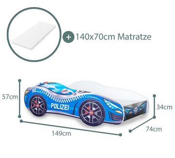 Alcube Autobett Racer (Komplett-Set Bett mit Matratze und Lattenrost), Kinderbett 70x140 cm PKW Polizei,Rennwagen-Design Autobett 70x140 cm