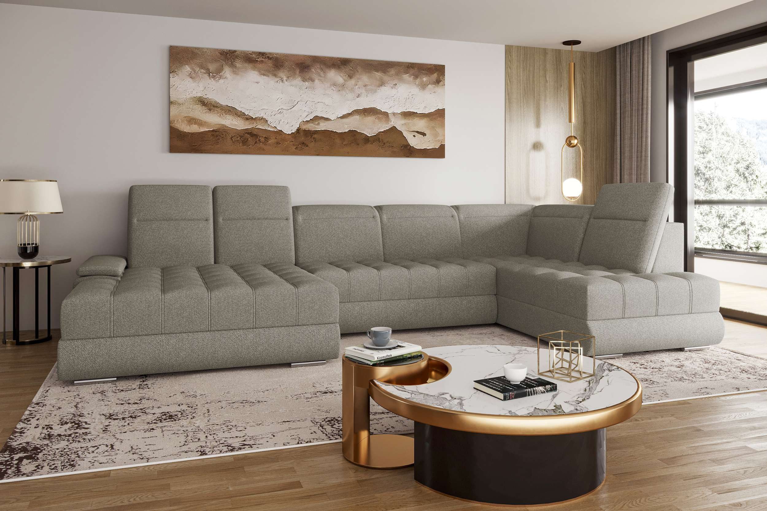 99rooms Wohnlandschaft Toscana, Sofa, U-Form, Rundumbezug aus Strukturstoff NEVE, mit und ohne Schlaffunktion