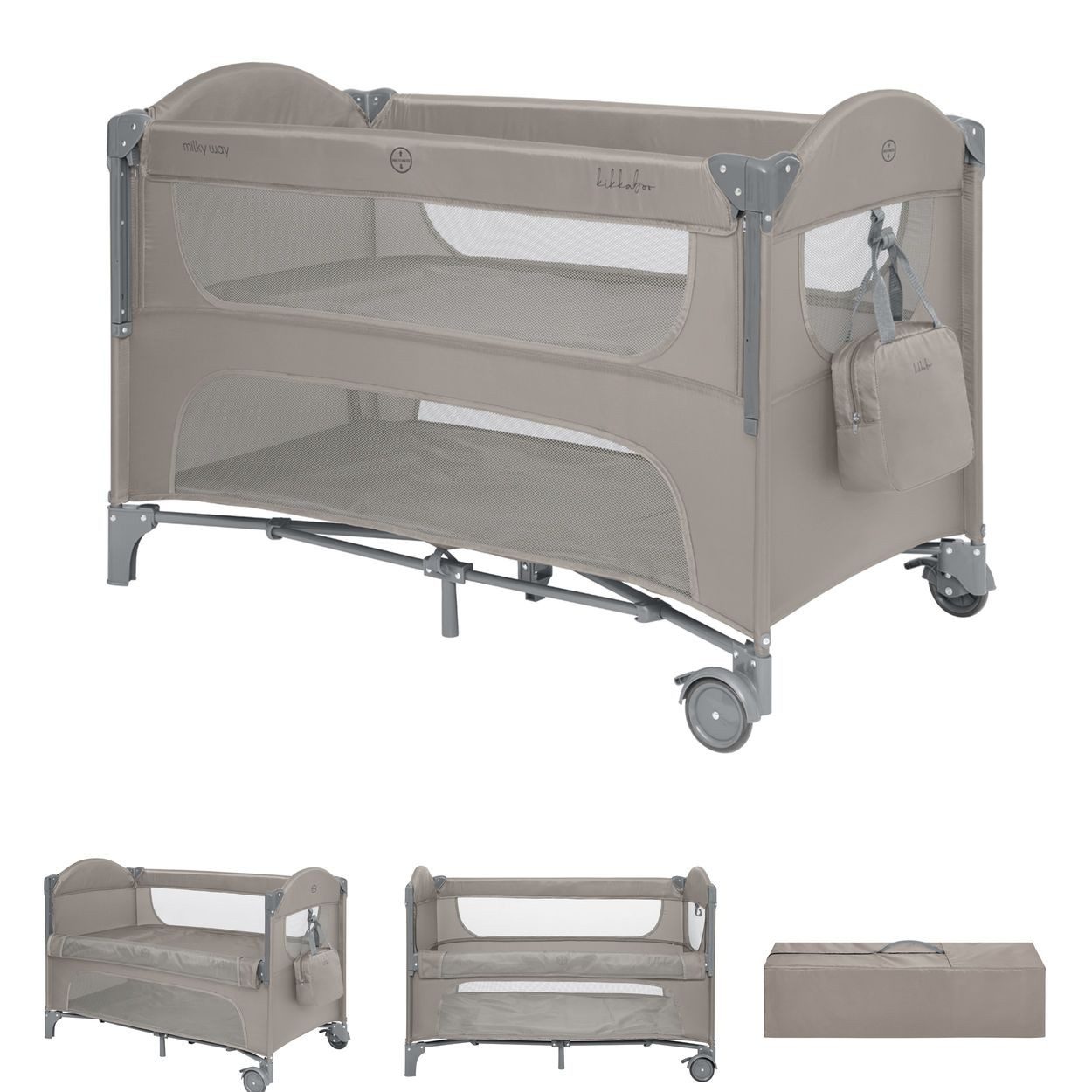 Kikkaboo Baby-Reisebett Reisebett Milky Way, 2 Ebenen, seitliche Öffnung, 2 Räder, Netzfenster