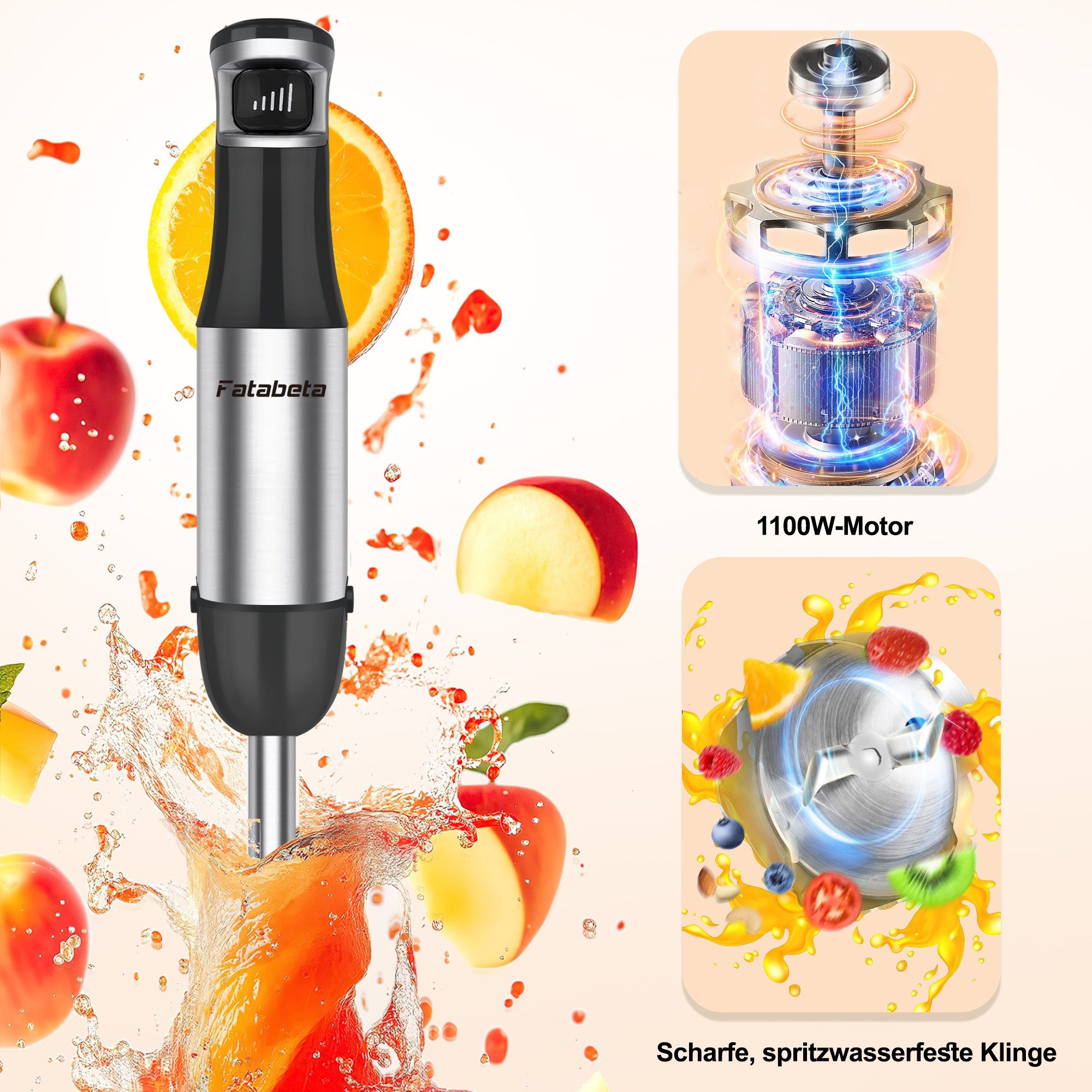 7MAGIC Stabmixer Elektrischer Stabmixer Set 5 in 1 Pürierstab Edelstahl Handmixer, 1100,00 W, Stabmixer Variable Geschwindigkeiten für Babynahrung, Suppe, Smoothie