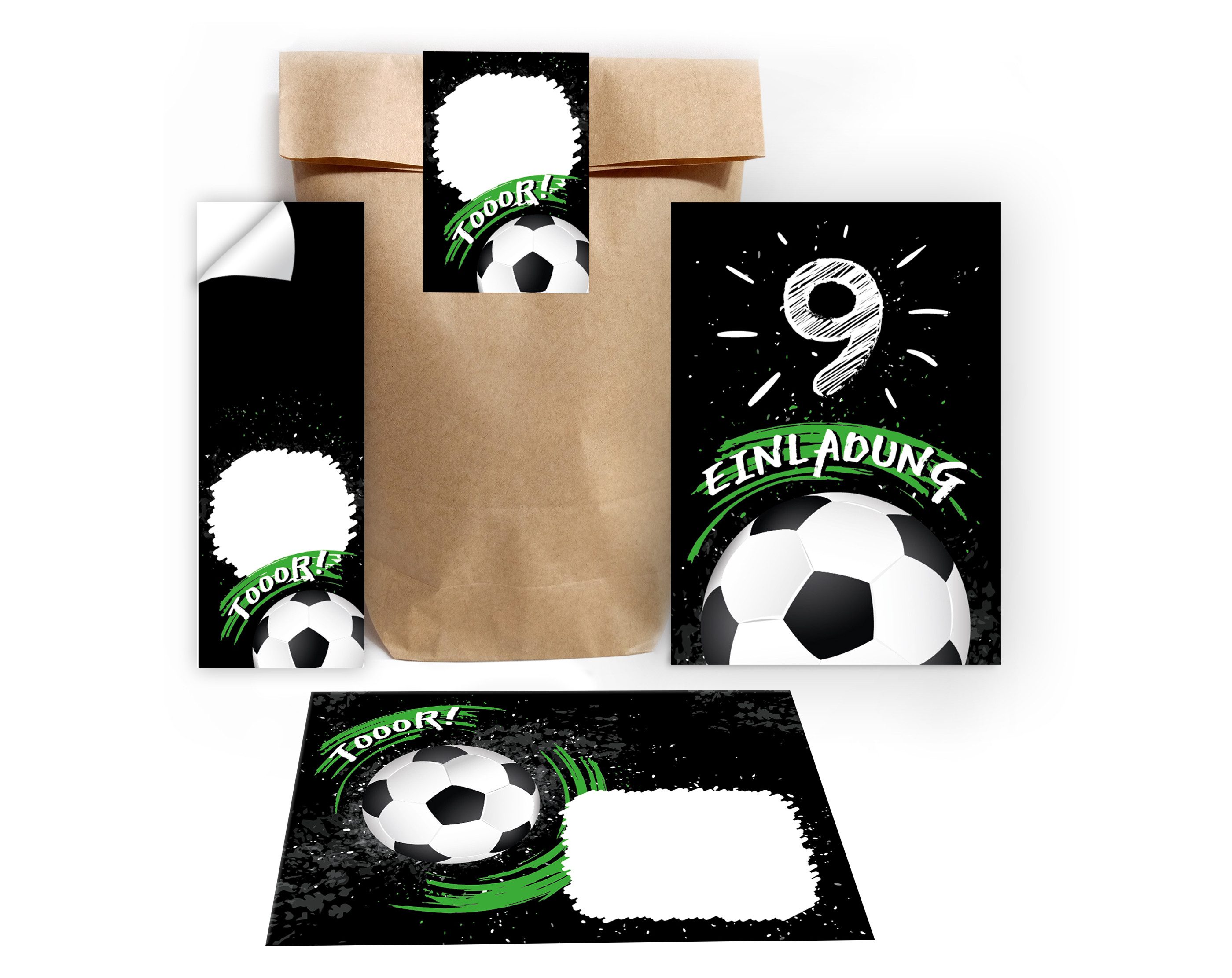 JUNAPACK Einladungskarten Fußball zum 9. Geburtstag Einladungen Karten mit Umschlägen Mitgebsel, Mitbringsel Set Fussball zum neunten Kindergeburtstag Gastgeschenke