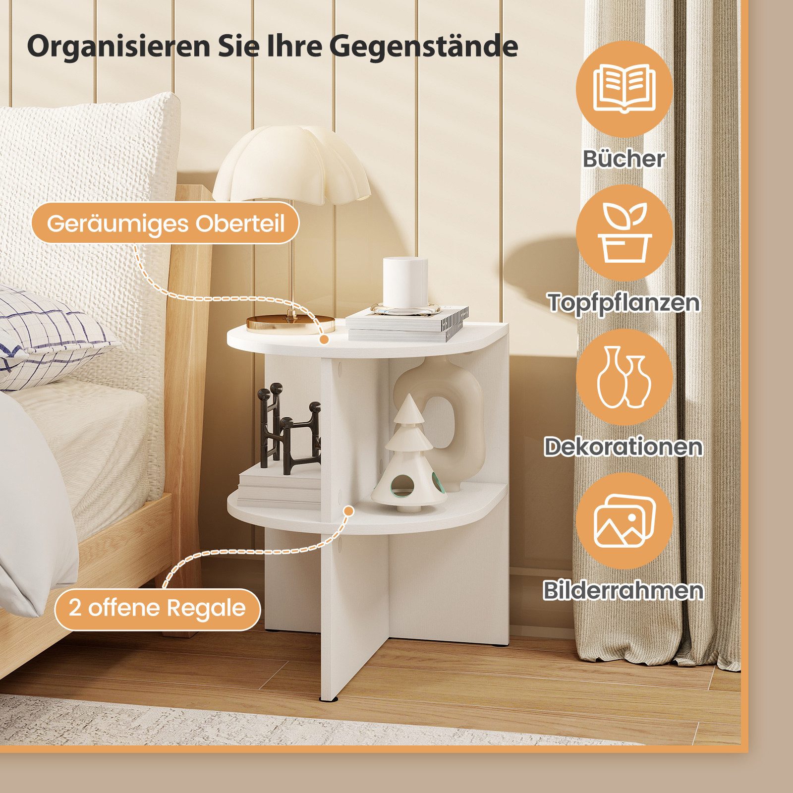 COSTWAY Beistelltisch (1-St), halbrund Holz Nachttisch für Wohnzimmer