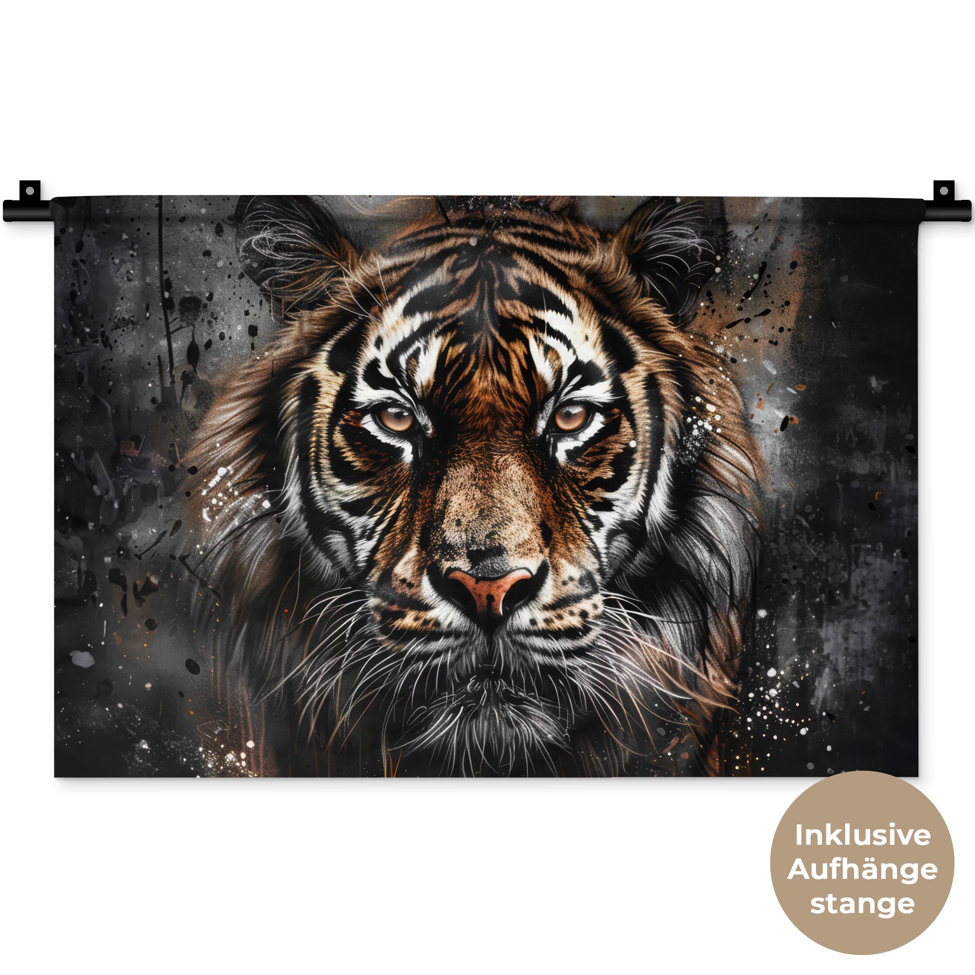 MuchoWow Wandteppich Tiger - Tiere - Porträt - Luxus - Schwarz, Rechteckig, Höhe: 3 mm, Wandteppich für Wohnzimmer, Schlafzimmer, 60x40 cm