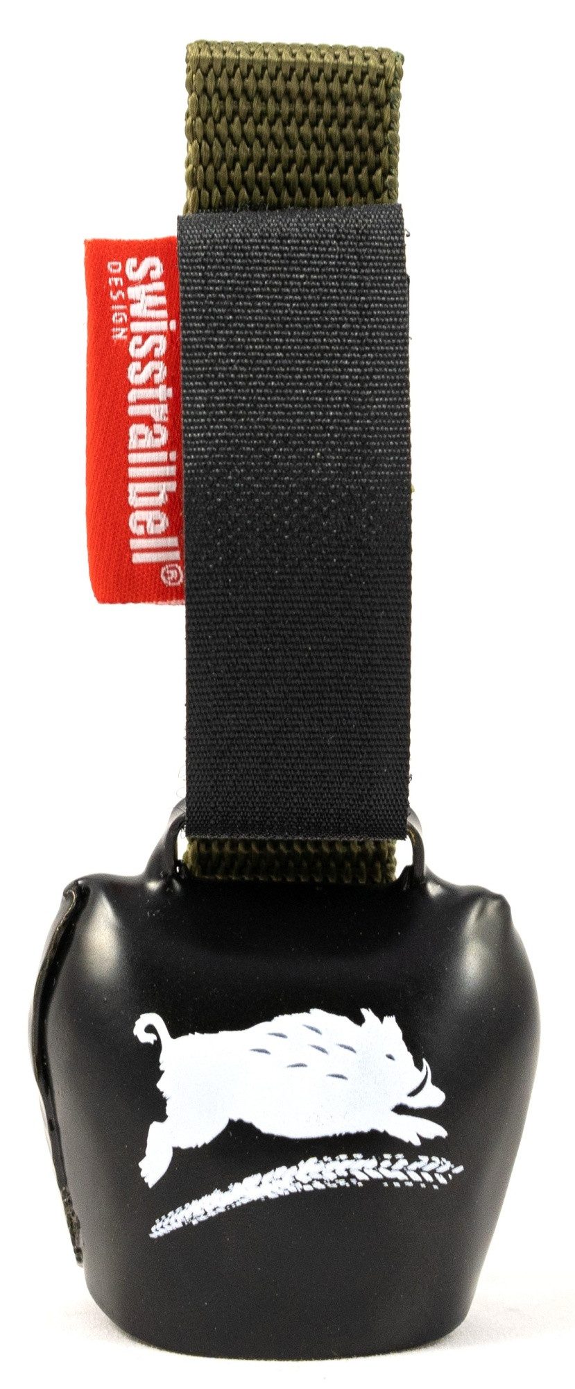 swisstrailbell Fahrradklingel Braveheart Edition Deep Black: "Be Wild", waldmoosfarbenes Band