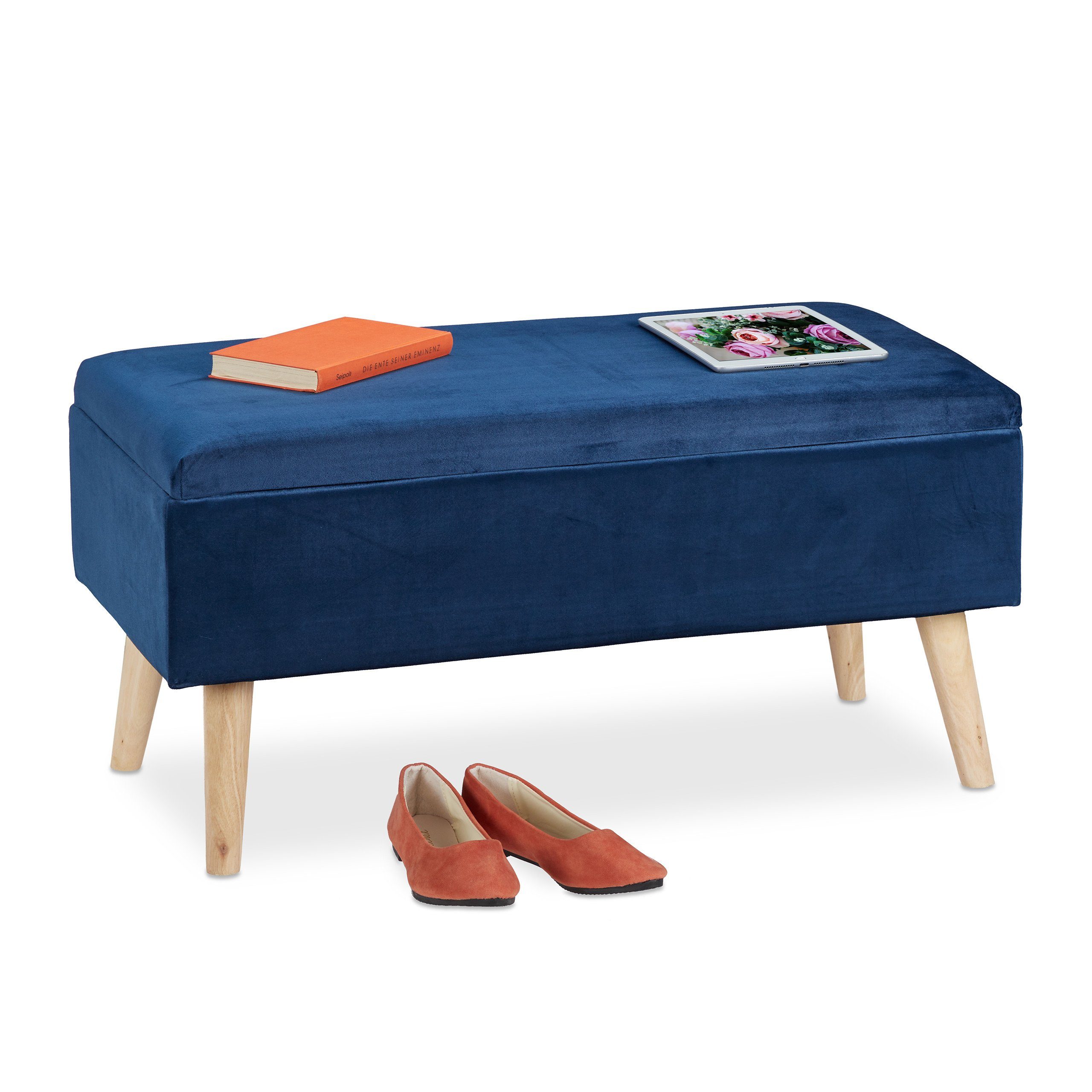 relaxdays Sitzbank Samt Sitzbank mit Stauraum (1-St), Dunkelblau