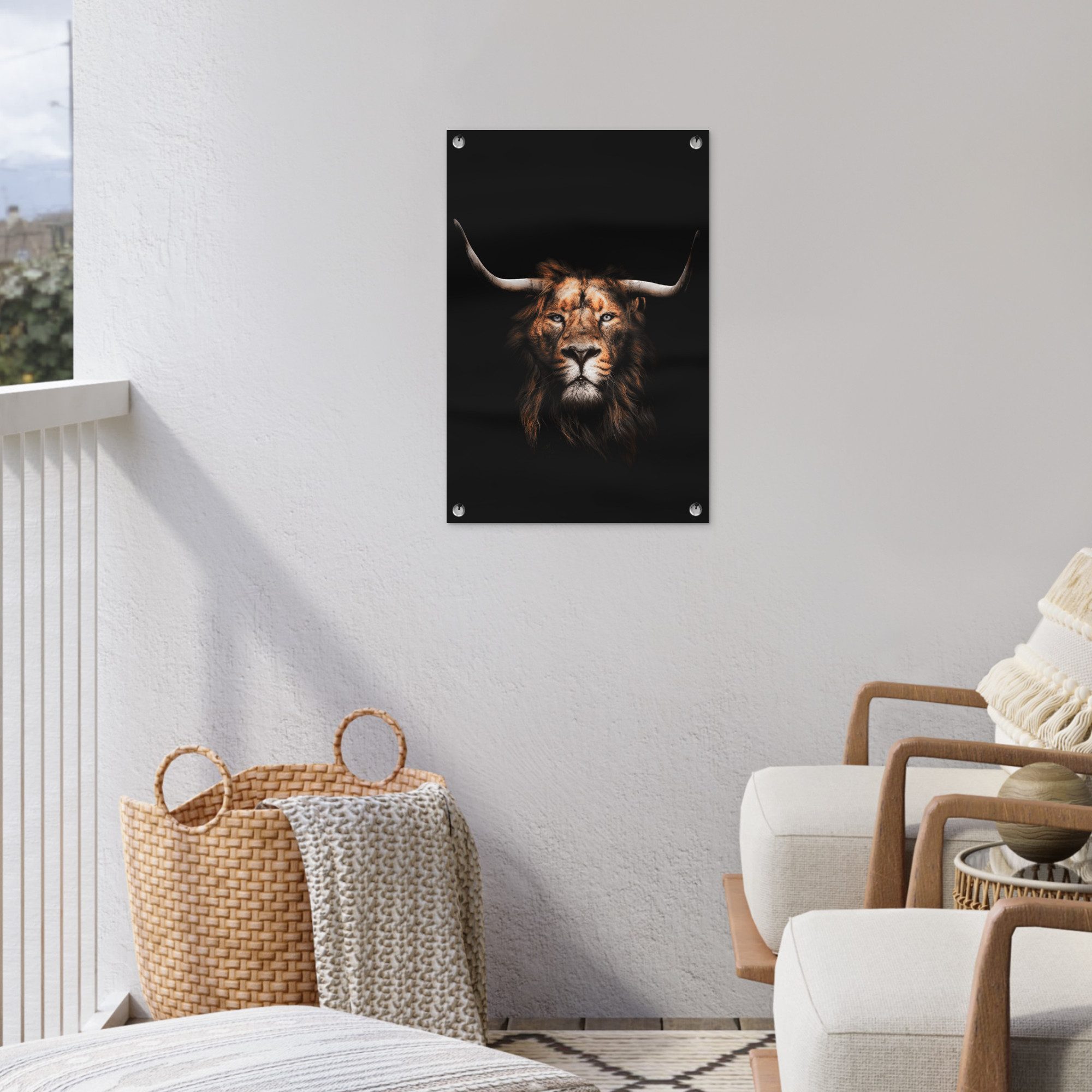 OnlyWow Poster für Garten Löwe - Schwarz - Mantel, Gartenposter, Outdoor Bilder, Terrasendeko Banner, 40x60 cm