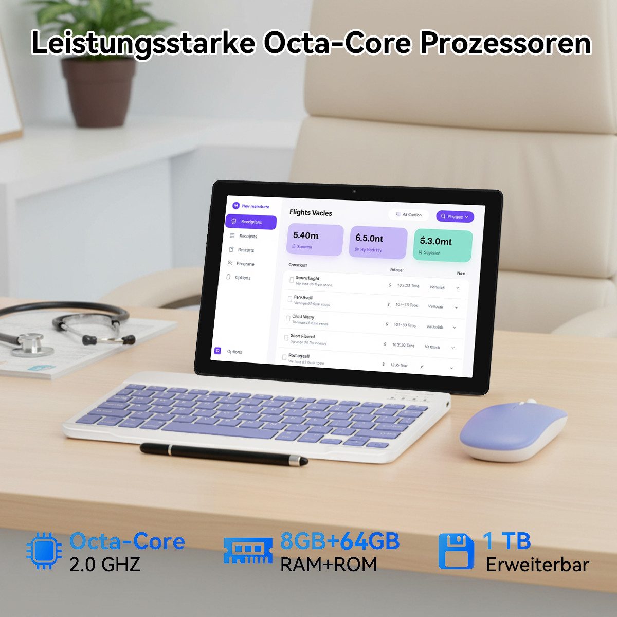 BUFO 10 Zoll HD, 3 GB RAM, 64 GB Erweiterbar auf 1 TB, Android Tablet (10", 64 GB, Android, 2,4G/5G WiFi, Octa Core Prozessor, Widevine L1, mit Tastatur, Maus und Stylus)