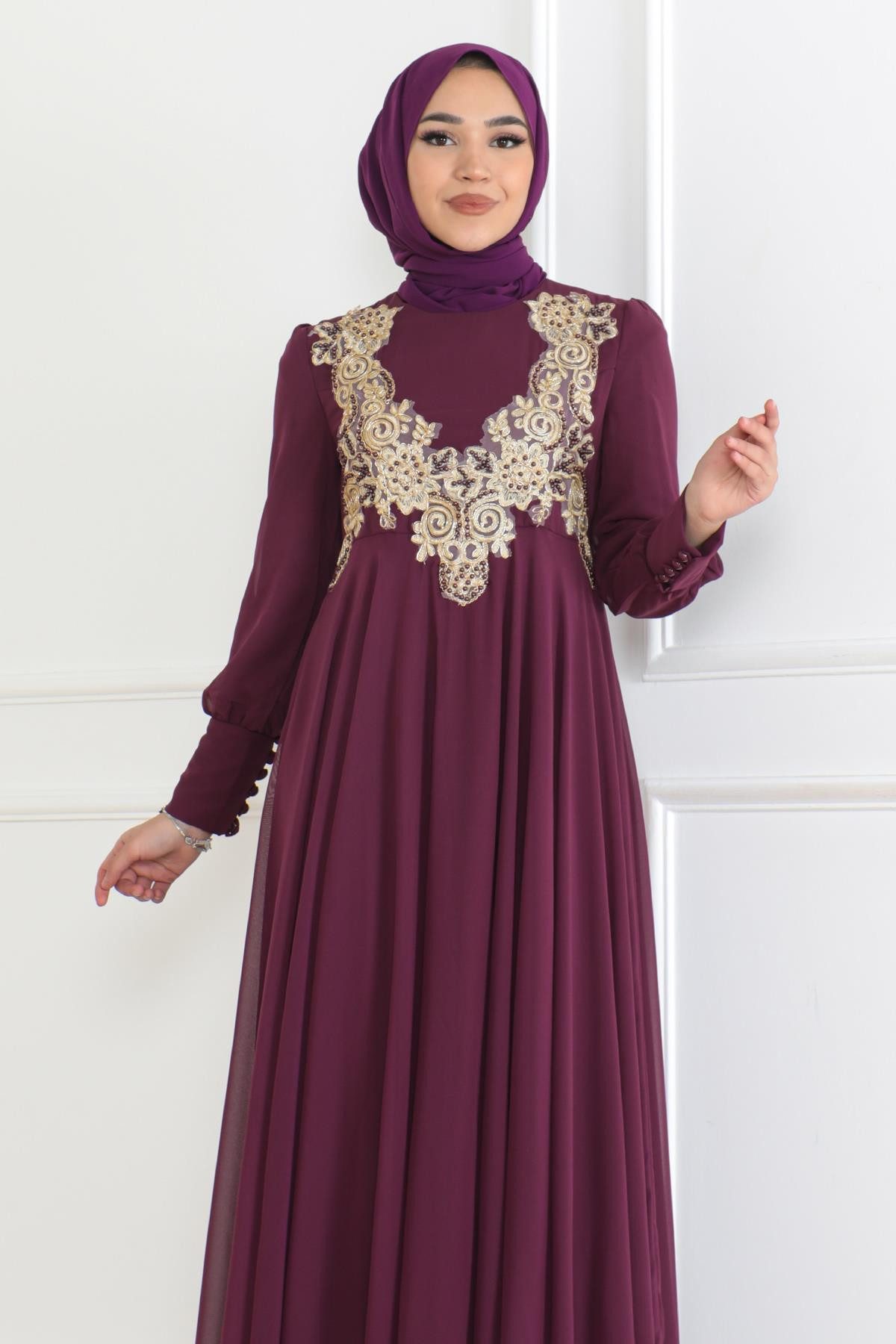 MODAMİHRAM Abendkleid Chiffon Spitze Lila Abendkleid 6113 günstig online kaufen