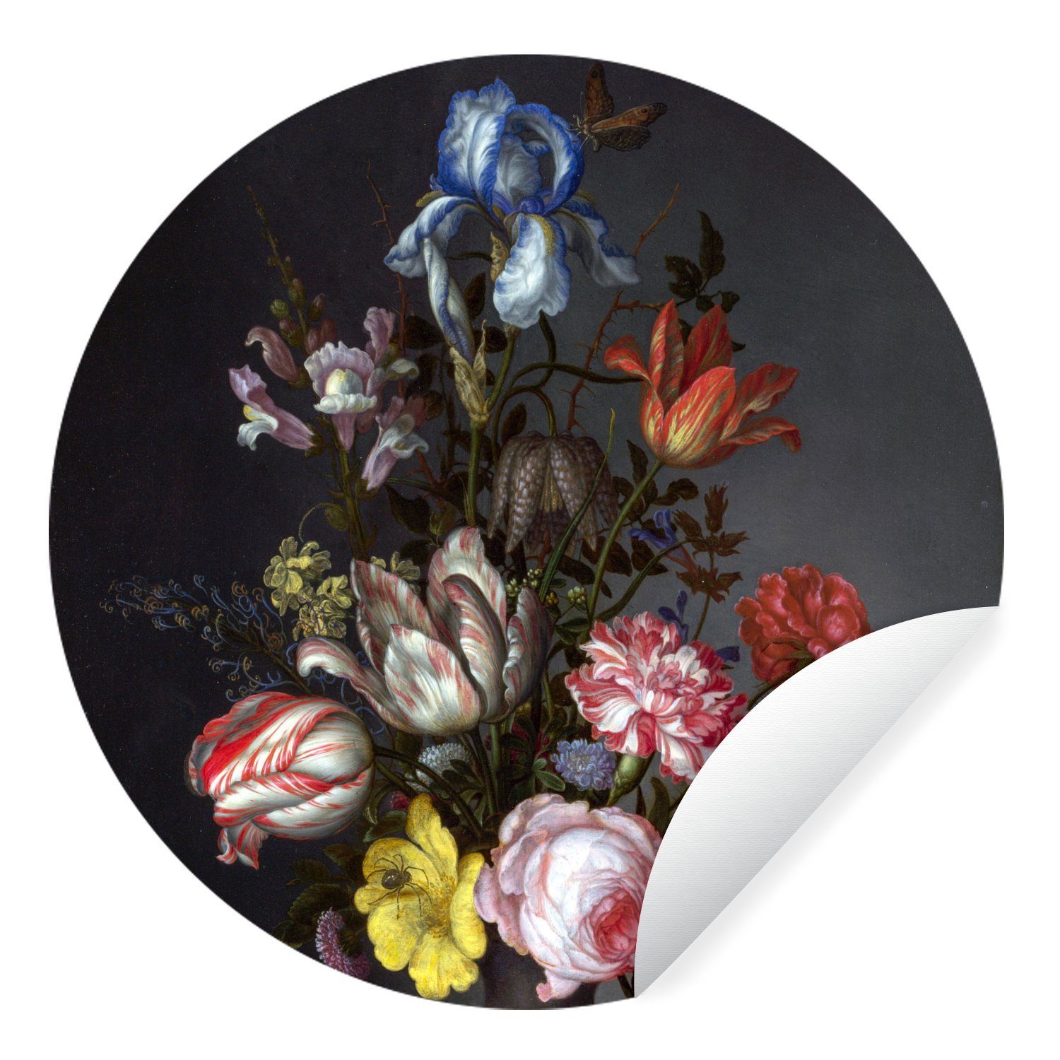 MuchoWow Wandsticker Blumen in einer Vase mit Muscheln und Insekten - Balthasar van der Ast (1 St), Tapetenkreis für Kinderzimmer, Tapetenaufkleber, Rund, Wohnzimmer