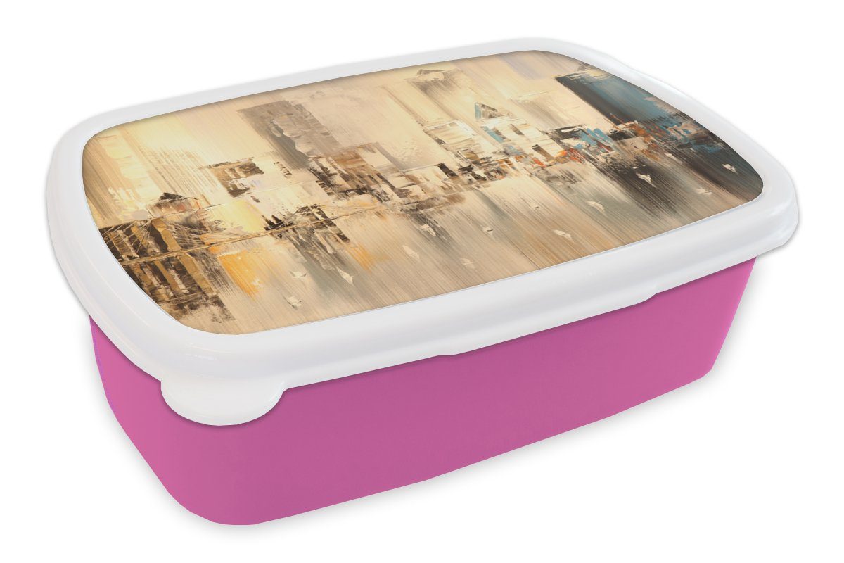 MuchoWow Lunchbox rosa Gemälde - Snackbox, Öl - Abstrakt - Kinder, Brotbox Erwachsene, Kunststoff (2-tlg), Kunststoff, für Brotdose Mädchen, Skyline