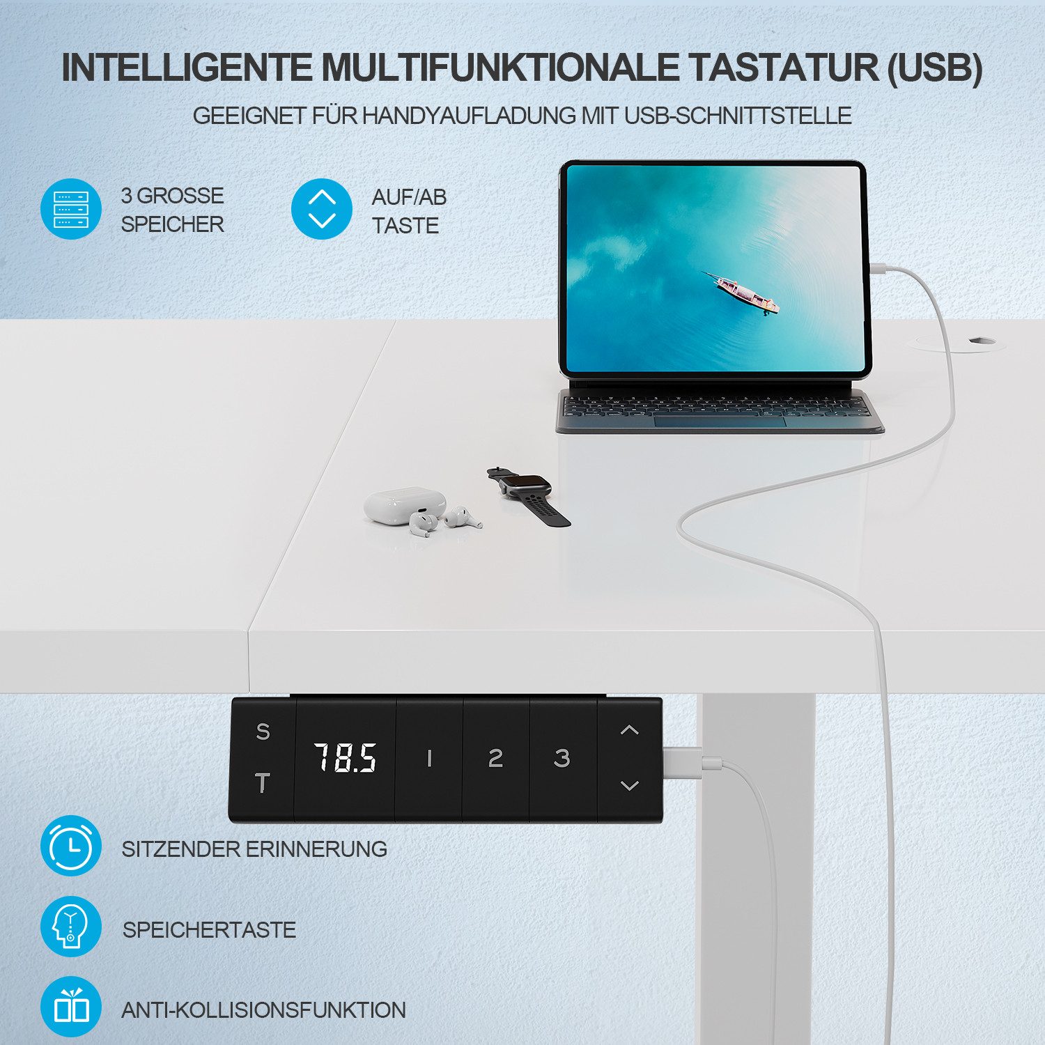 HOMALL Schreibtisch Höhenverstellbarer Schreibtisch mit 3 Höhen-Speicherfunktionen (Mehrere GrdBen 120/140/160/180/200 cm mit 1 USB-Ladanschlus Tischplate mit einerTiefe von 8 cm Der Tisch besteht aus ver Tischplatten)