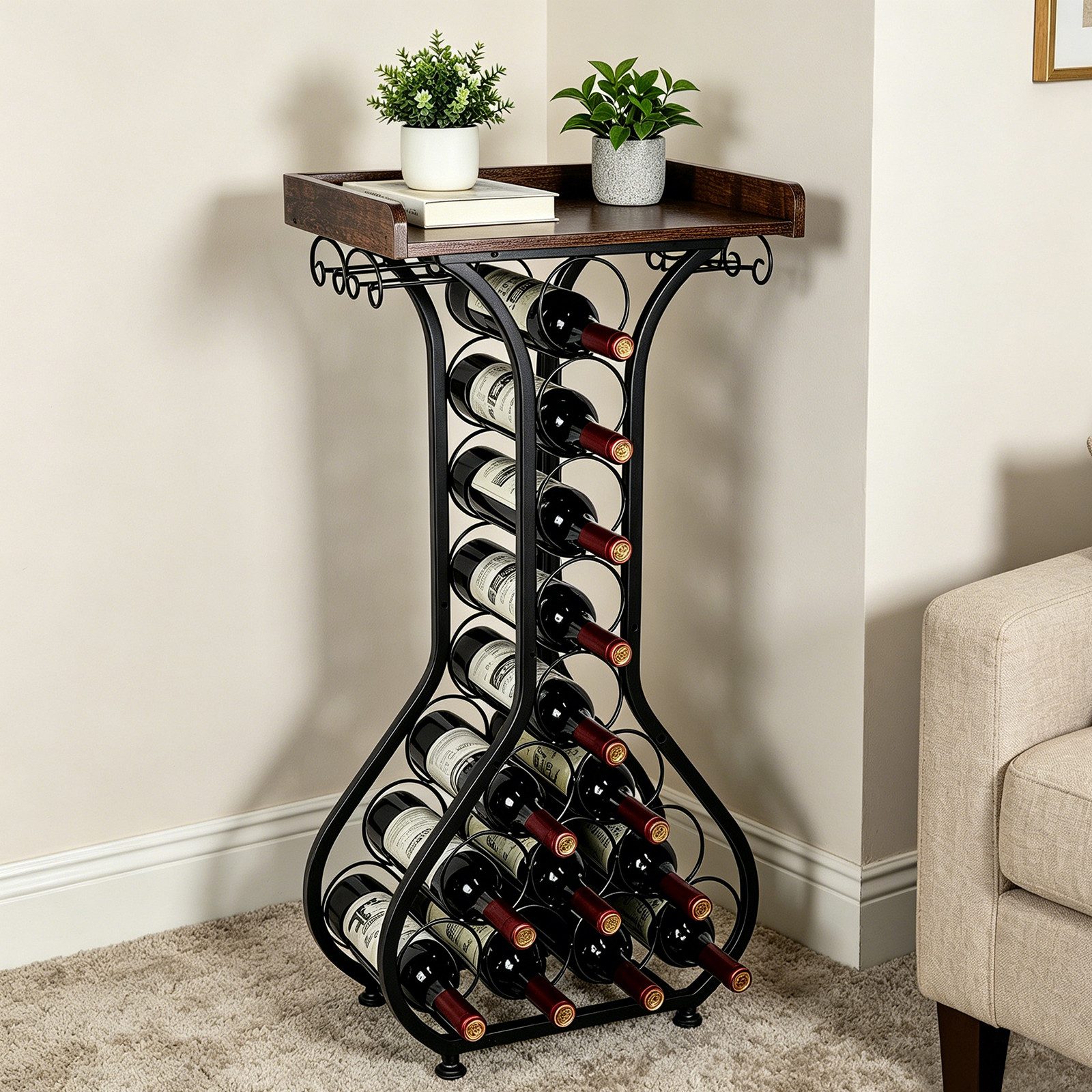 BlingBin Weinregal Freistehendes Metall Weinregal mit Holzplatte, Weinständer, 1er Set 1-tlg., für 14 Flaschen und 4 Weingläser, Vintage Design für Küche & Hausbar