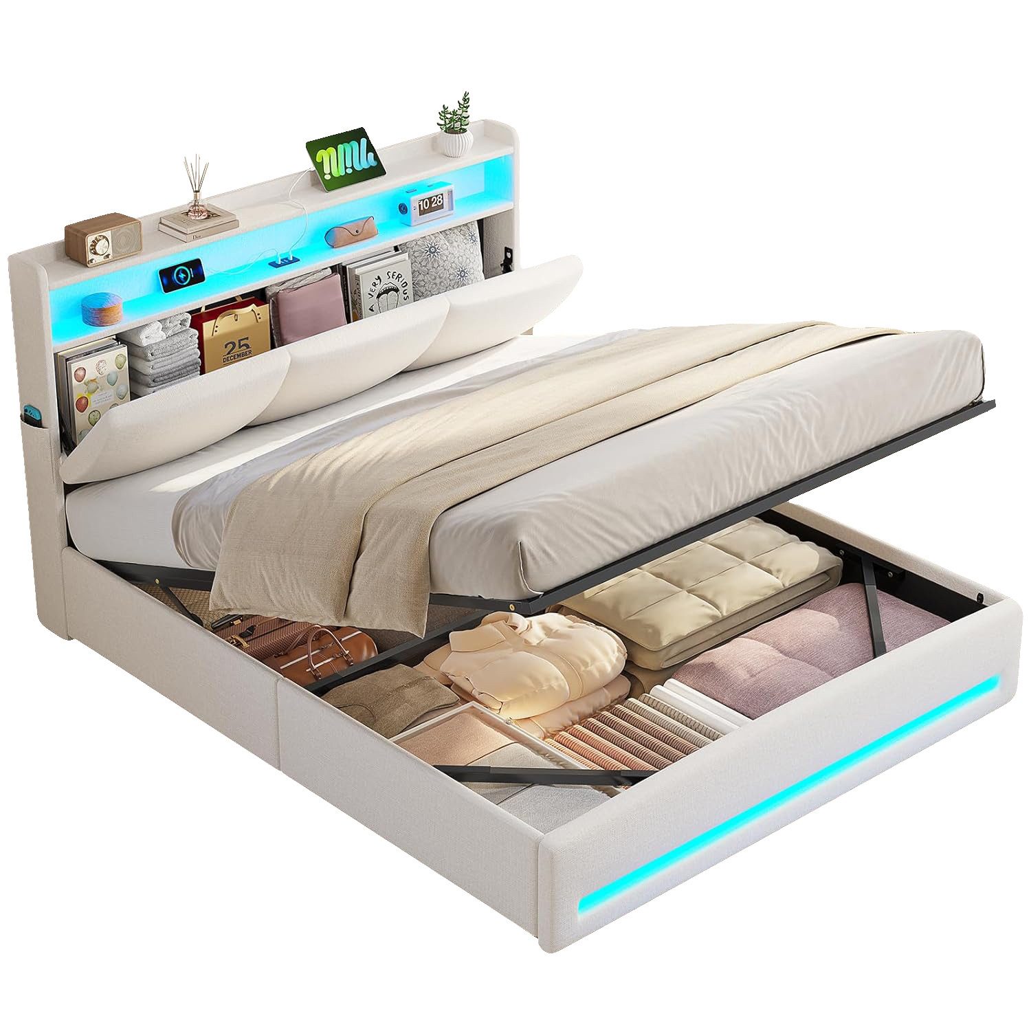 MSMASK Polsterbett mit Steckdosen und LED-Beleuchtung, Doppelbett mit Stauraum Kopfteil (1-tlg., Ohne Matratze), Hydraulik-Stauraumbett, Jugendbett 140x200cm