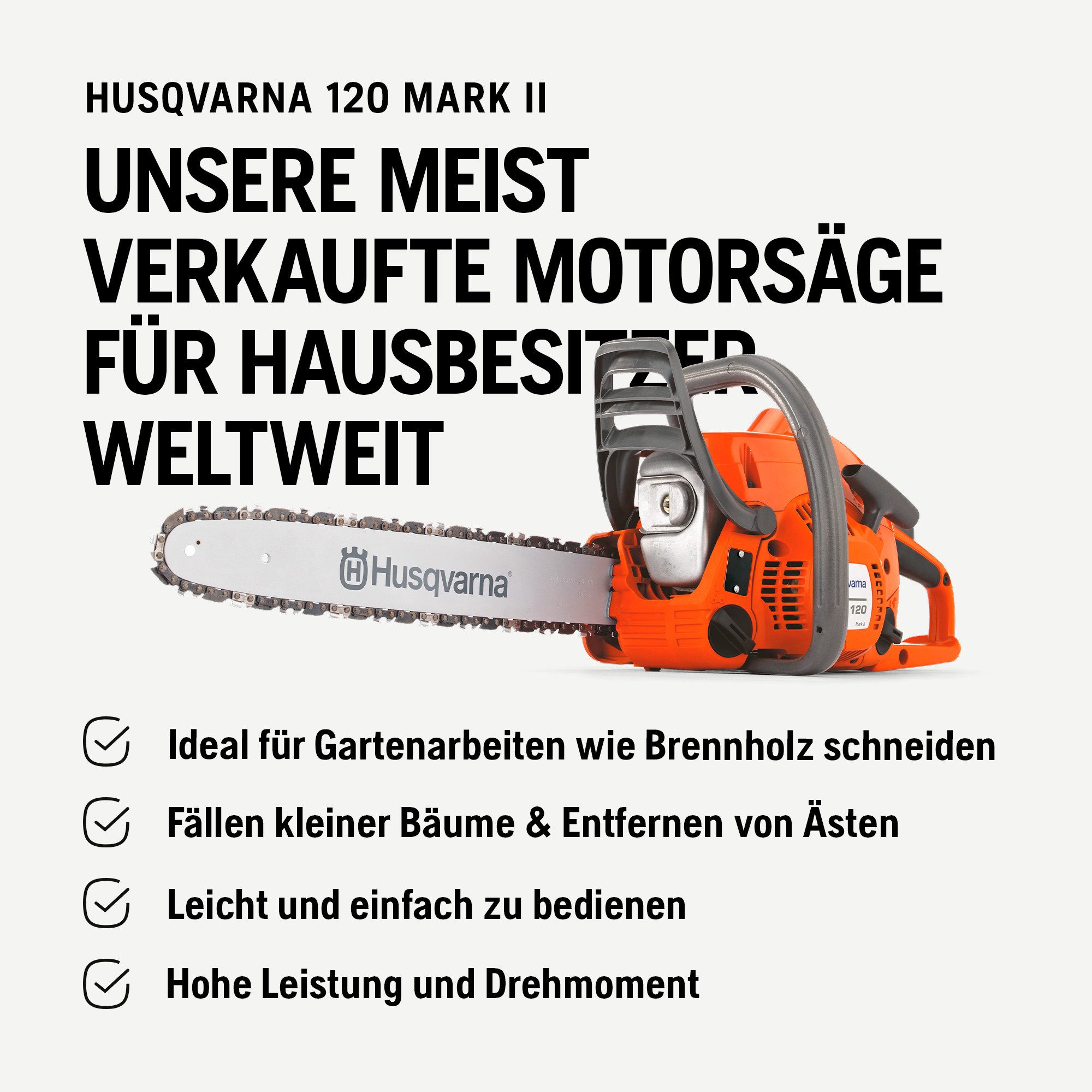 Husqvarna Benzin-Kettensäge 120 Mark II, 35 cm Schwertlänge, LowVib® Vibrationsreduzierung, Ideal für Garten & Brennholz, 38,2 cc X-Torq® Motor, 14″ Schiene & H – Bild 4 von 5