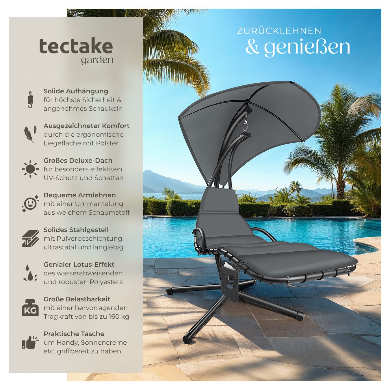 tectake Hängesessel Hängeliege, großes Sonnendach mit UV-Schutz günstig online kaufen