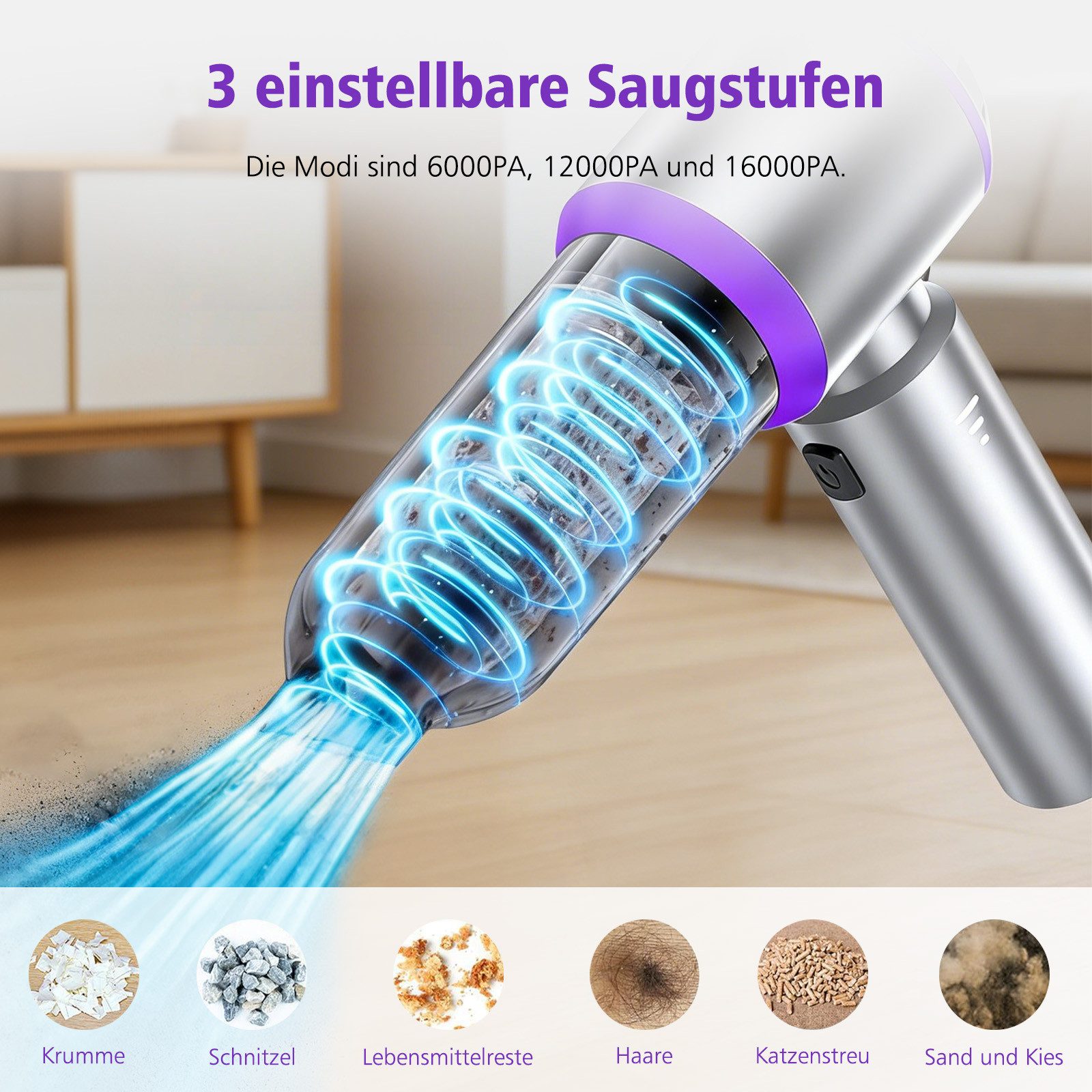 AKKEE Akku-Handstaubsauger Mini Staubsauger 16000Pa 6000mAh auto staubsauger, 100 W, 30 Minuten