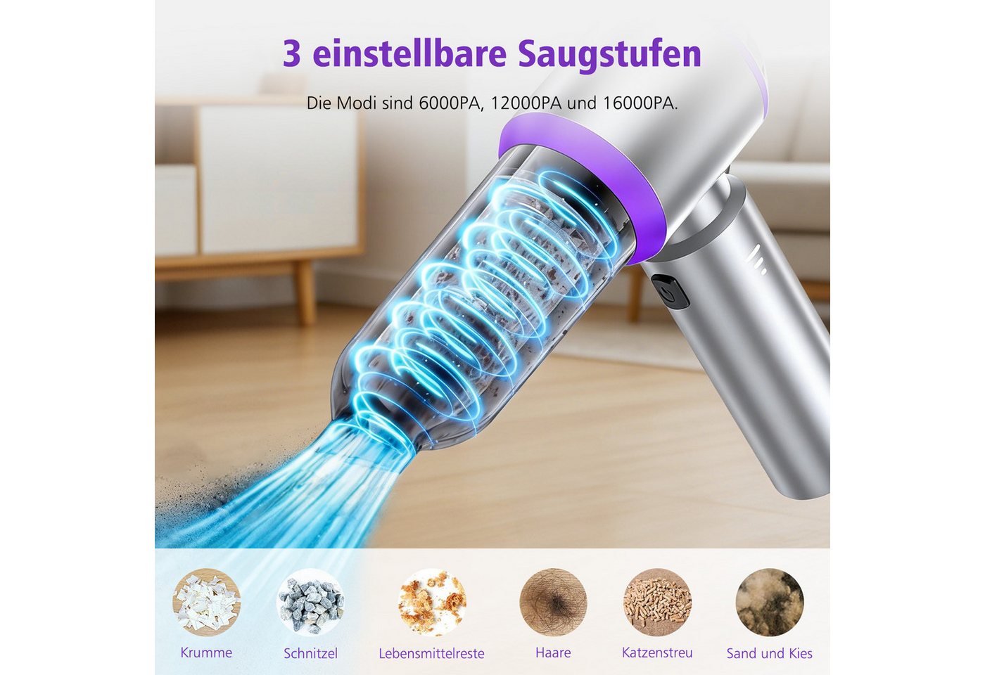 AKKEE Akku-Handstaubsauger Mini Staubsauger 16000Pa 6000mAh auto staubsauger, 100 W, 30 Minuten silberfarben