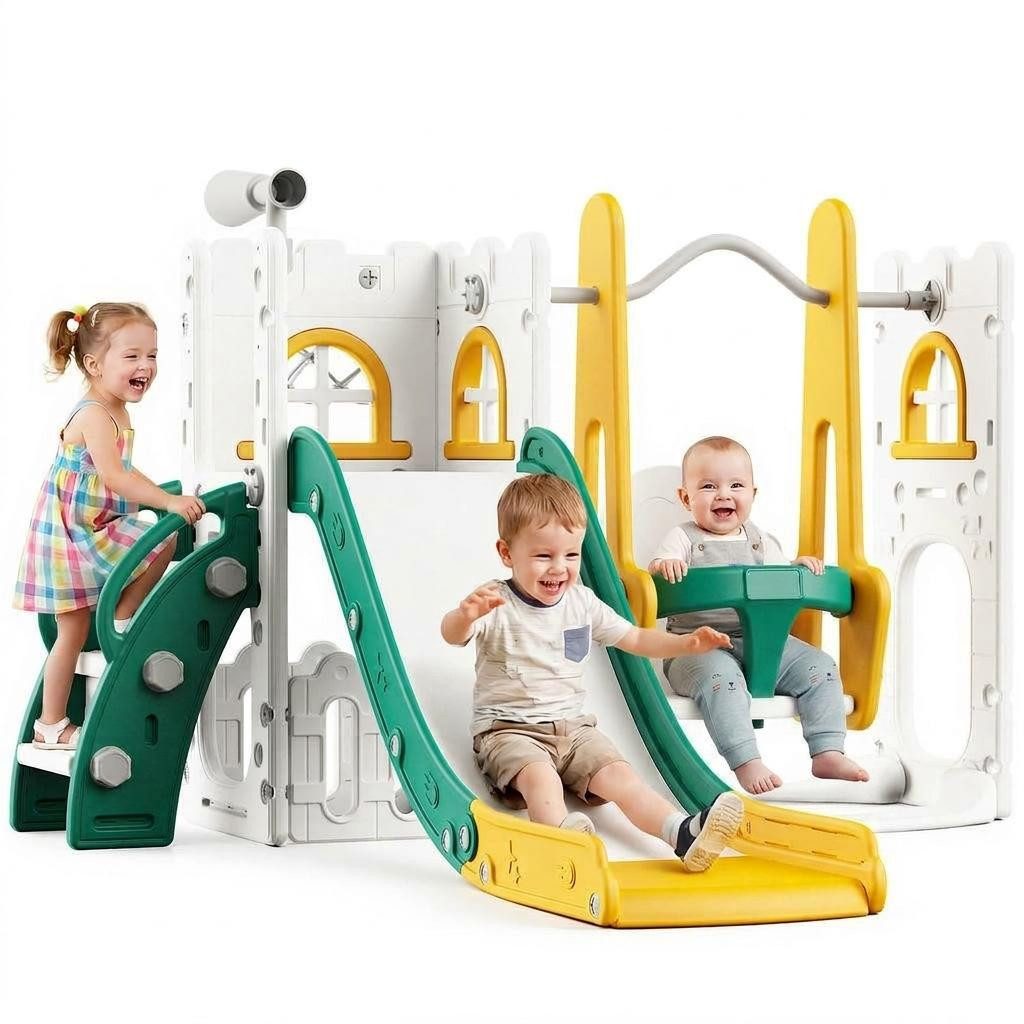 GarveeMore Rutsche Kinderrutsche mit Schaukel,Kleinkind Spielplatz für drinnen & draußen, Babyrutsche mit Schaukel für Garten und Innenbereich,144 × 150 × 93 cm