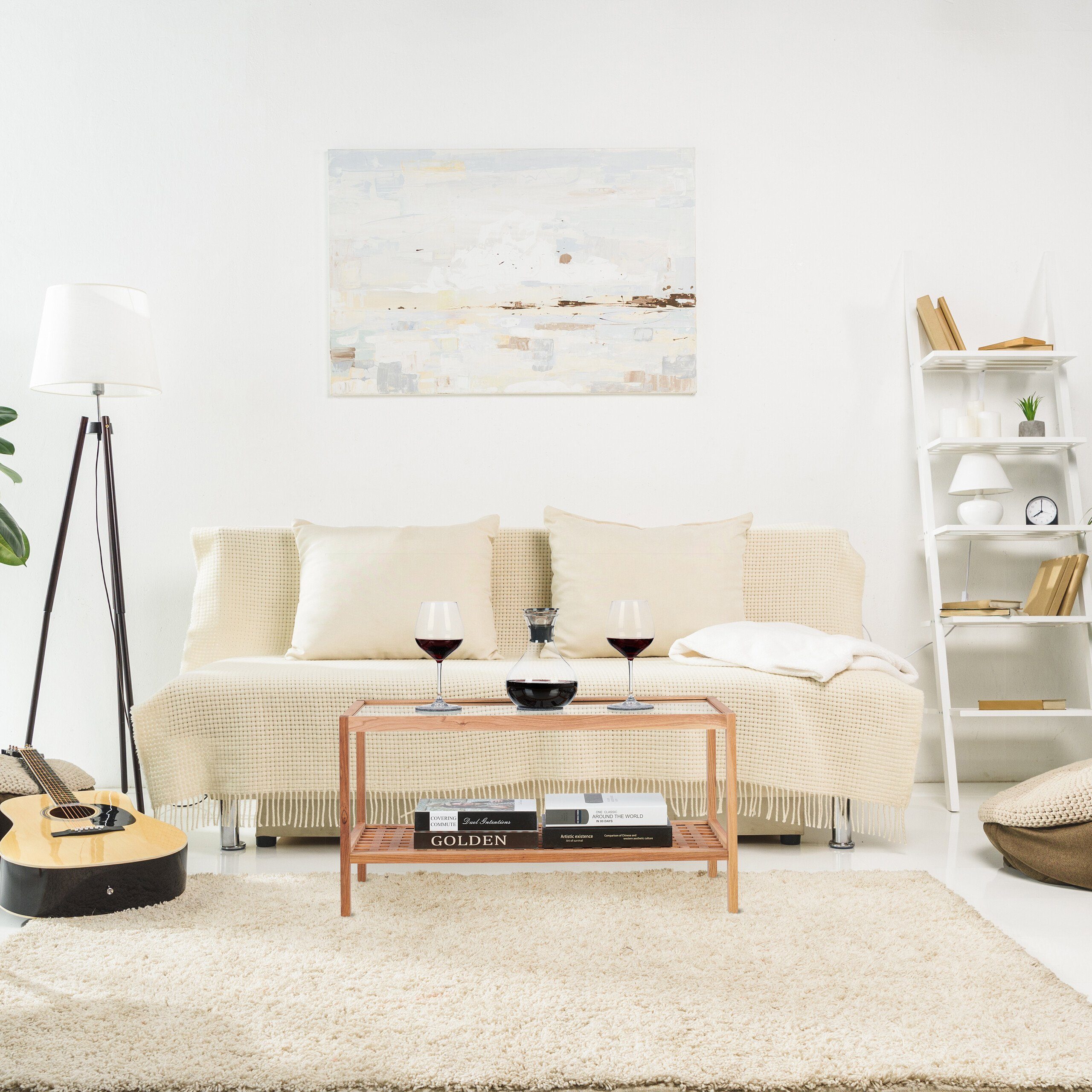 relaxdays Beistelltisch Walnussholz mit Glasablage günstig online kaufen