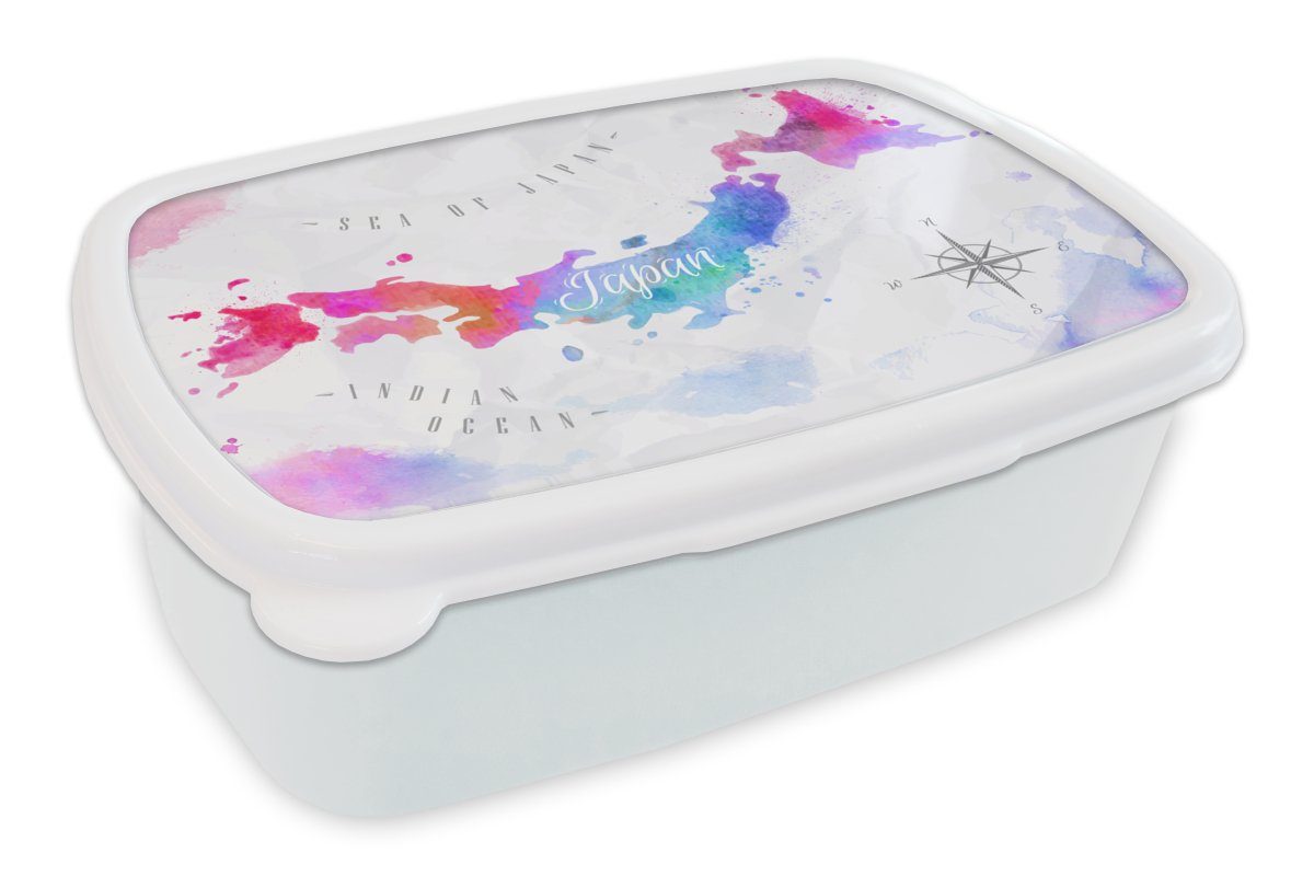 MuchoWow Lunchbox Weltkarte - Farben - Japan, Kunststoff, (2-tlg), Brotbox für Kinder und Erwachsene, Brotdose, für Jungs und Mädchen weiß | Lunchboxen