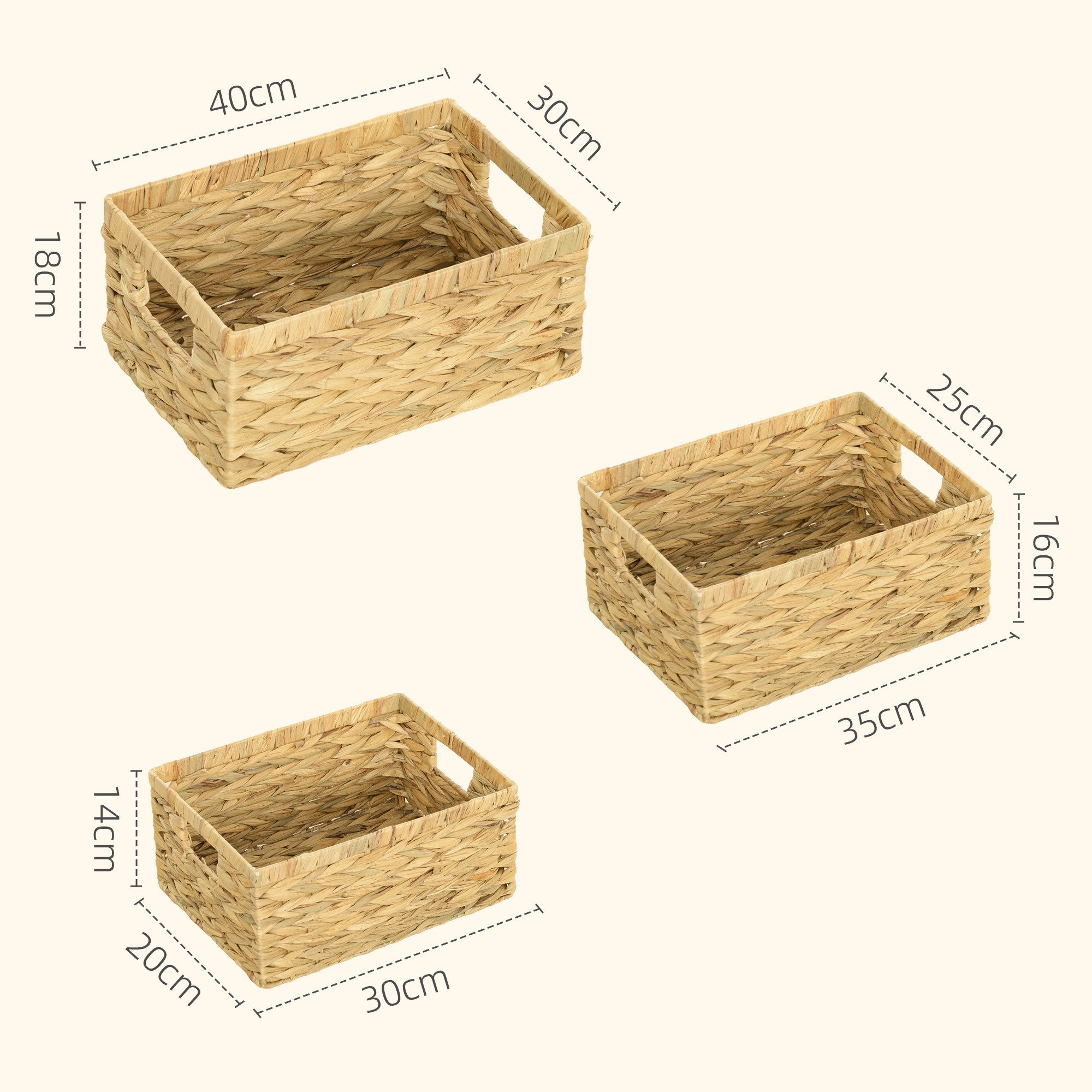 HOMCOM Aufbewahrungskorb 3er-Set, aus Wasserhyazinthe, zum Aufbewahrung und Organisieren (geflochtener Körbe, 3 St., Aufbewahrungskörbe), für Wohnzimmer, Küche, Schlafzimmer, Naturholz