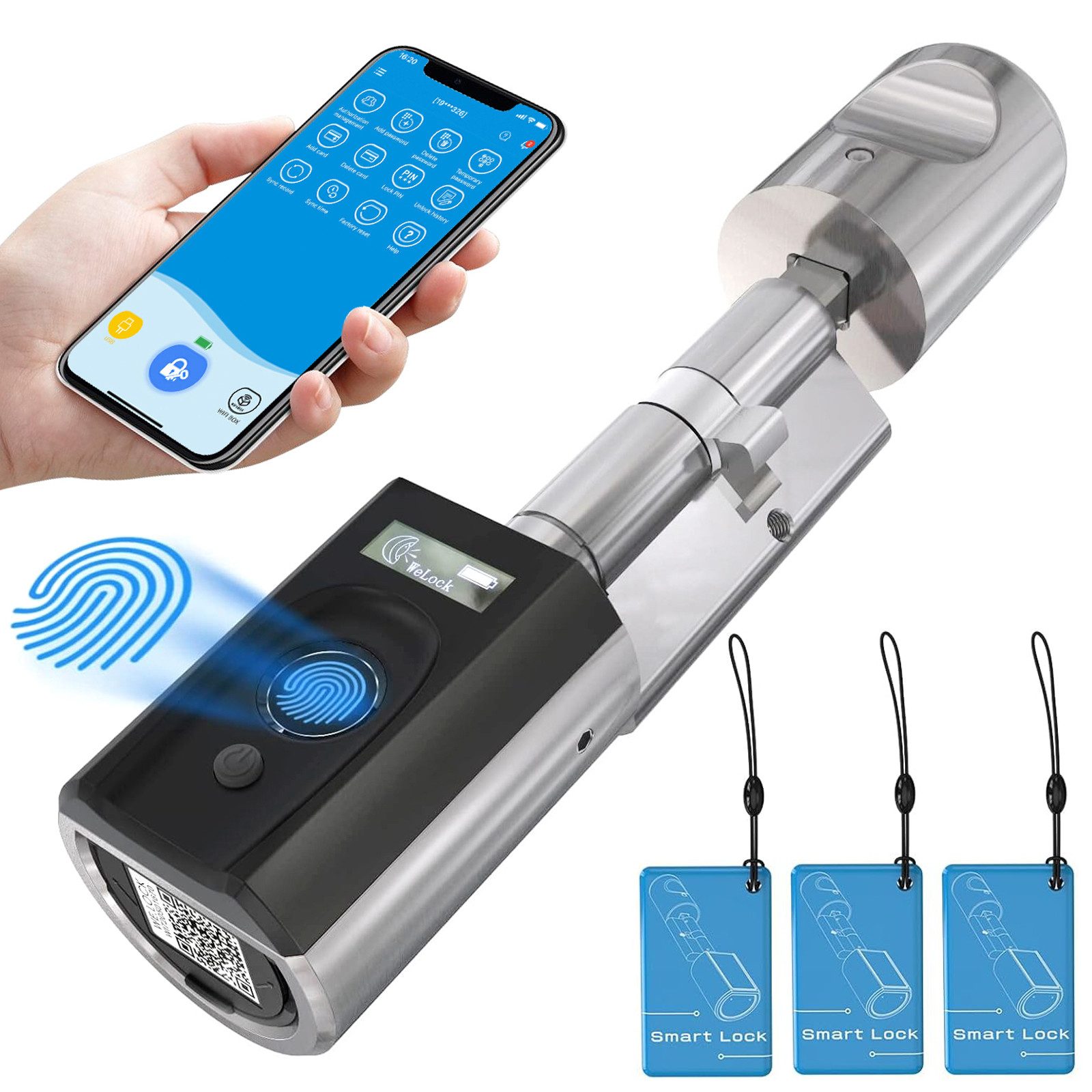 WE.LOCK Türschlossantrieb WELOCK Türschloss Fingerabdruck TOUCHEBL41 für 50-100mm Türen, (Packung, Smartes türschloss x1, RFID-Karte x3, Anleitung x1, Zubehörbox x1), Fingerabdruck, RFID-Karte, APP, USB-Entsperrung, einfache Installation