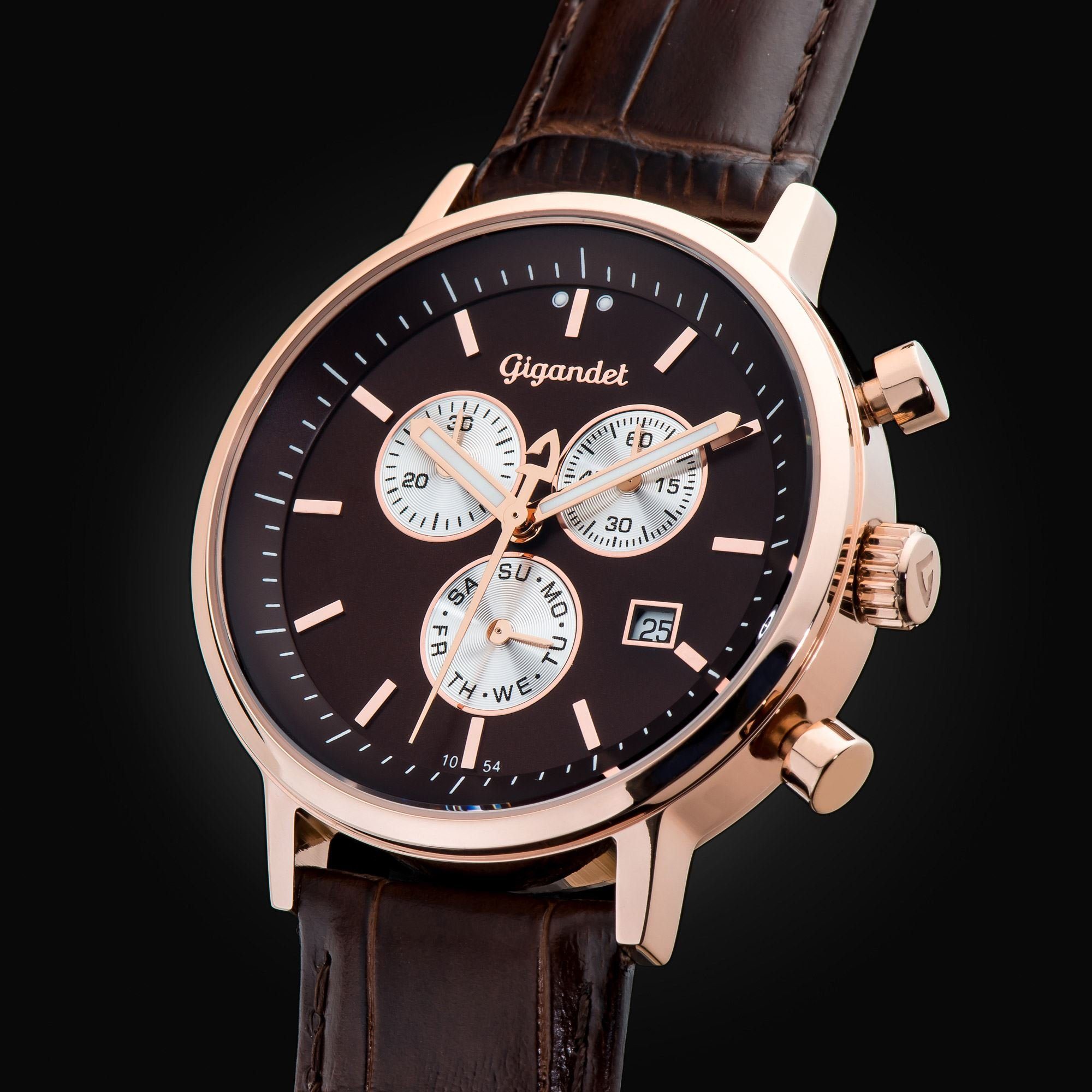 Gigandet Chronograph Armbanduhr, Herrenuhr, 24-Std. Anzeige, 41mm, CLASSICO G6-009, Mineralglas, Datumsanzeige, Lederband, 5bar/50m wasserdicht
