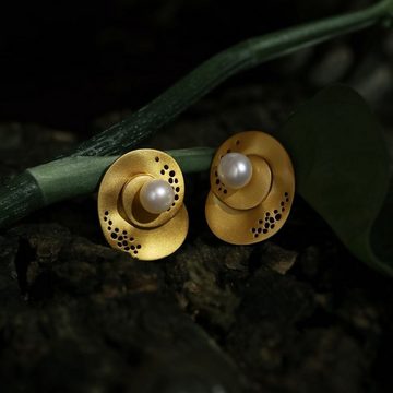 GOLDEN Paar Ohrstecker 18K Gold Spiral Ohrringe mit Perlen, Geometrische zierliche Ohrstecker
