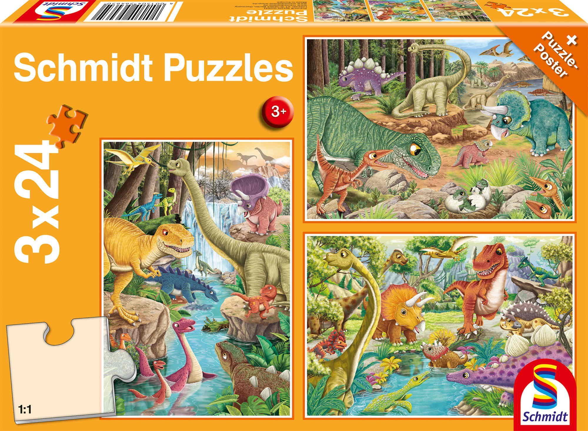 Schmidt Spiele Puzzle 3 x 24 Teile Kinder Puzzle Spaß mit den Dinosauriern 56465, Puzzleteile