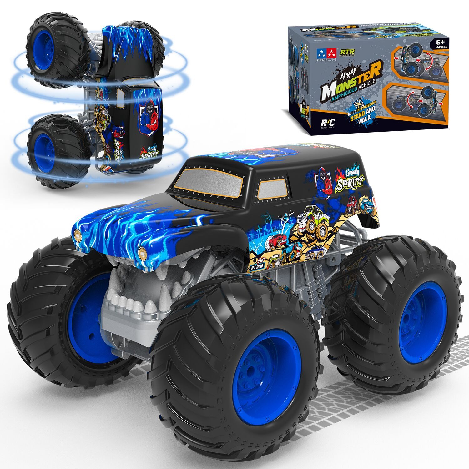 Esun RC-Auto Monster Truck Ferngesteuert mit Licht 360°Drehung Ferngesteuertes Auto (SET, 2.4GHz Ferngesteuerter Monstertruck), 1:16 Amphibienfahrzeug Ferngesteuerter Monstertruck