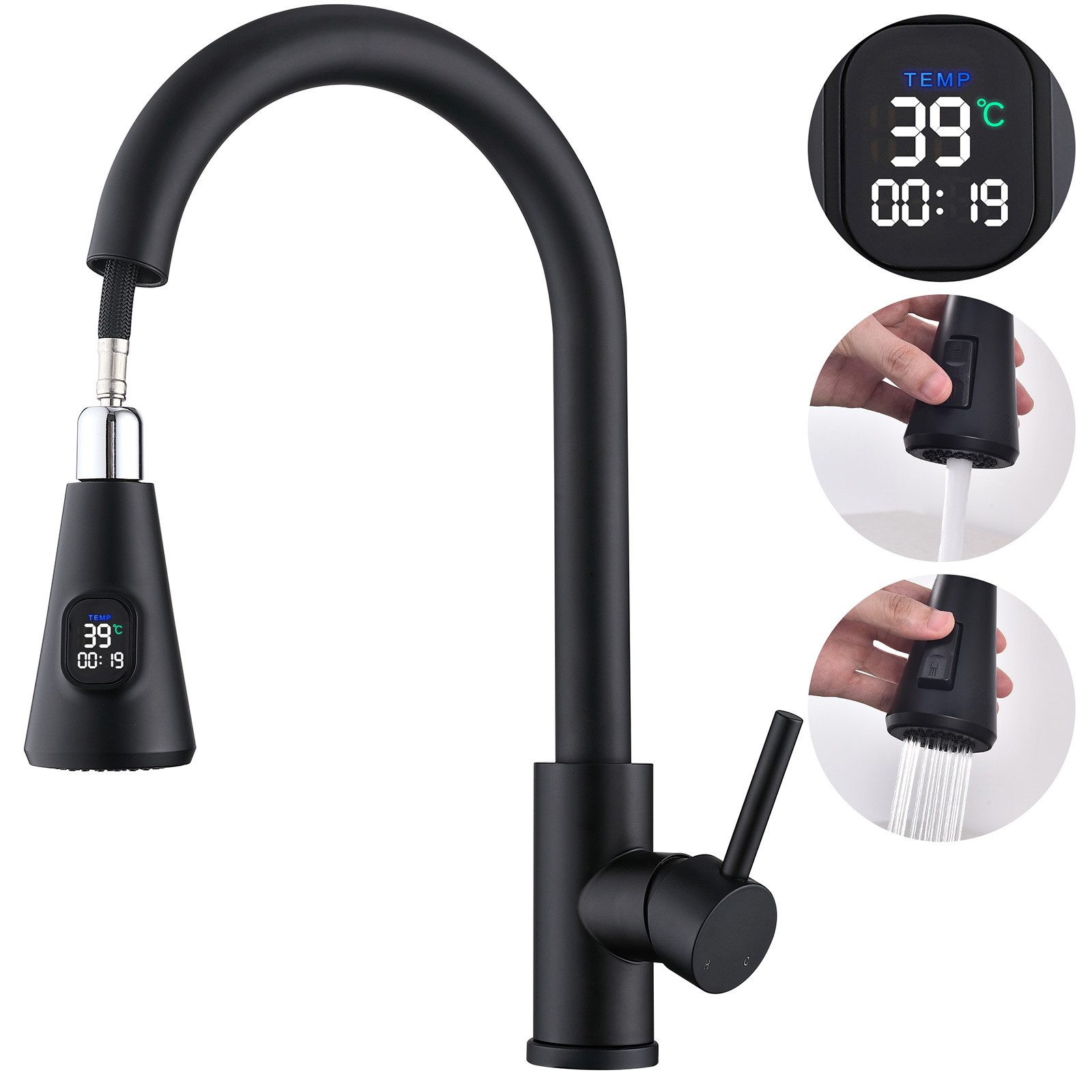HOMELIVE Spültischarmatur mit brause ausziehbar 360° Küchenarmatur LED Digitalanzeige Hochdruck Wasserhahn Küche, Zweifunktionaler Wasserauslass,Schwarz