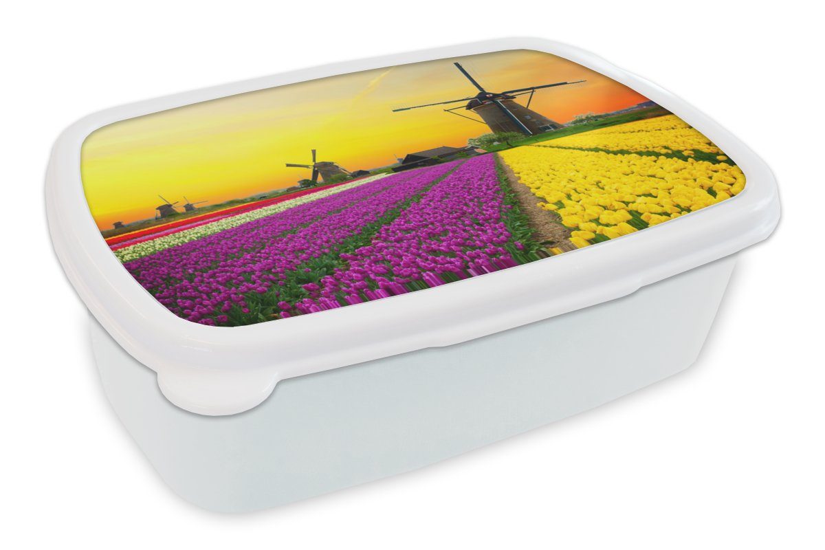 MuchoWow Lunchbox Windmühle - Tulpen - Blumen - Frühling, Kunststoff, (2-tlg), Brotbox für Kinder und Erwachsene, Brotdose, für Jungs und Mädchen weiß