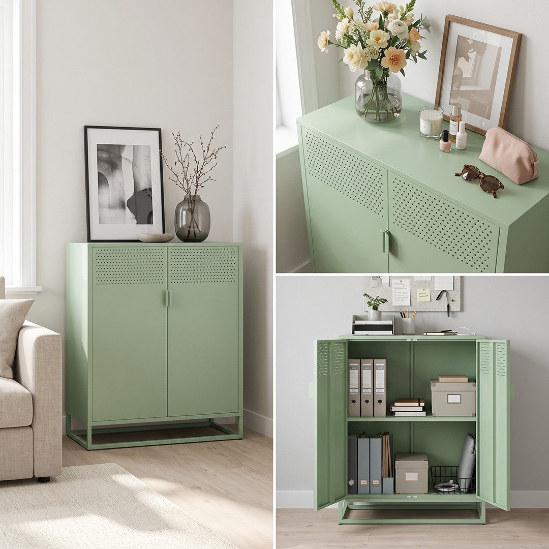skølm Kommode Izar aus Metall (Mintgrün), Highboard mit Doppeltür & höhenverstellbare Einlegeböden – Bild 5 von 5