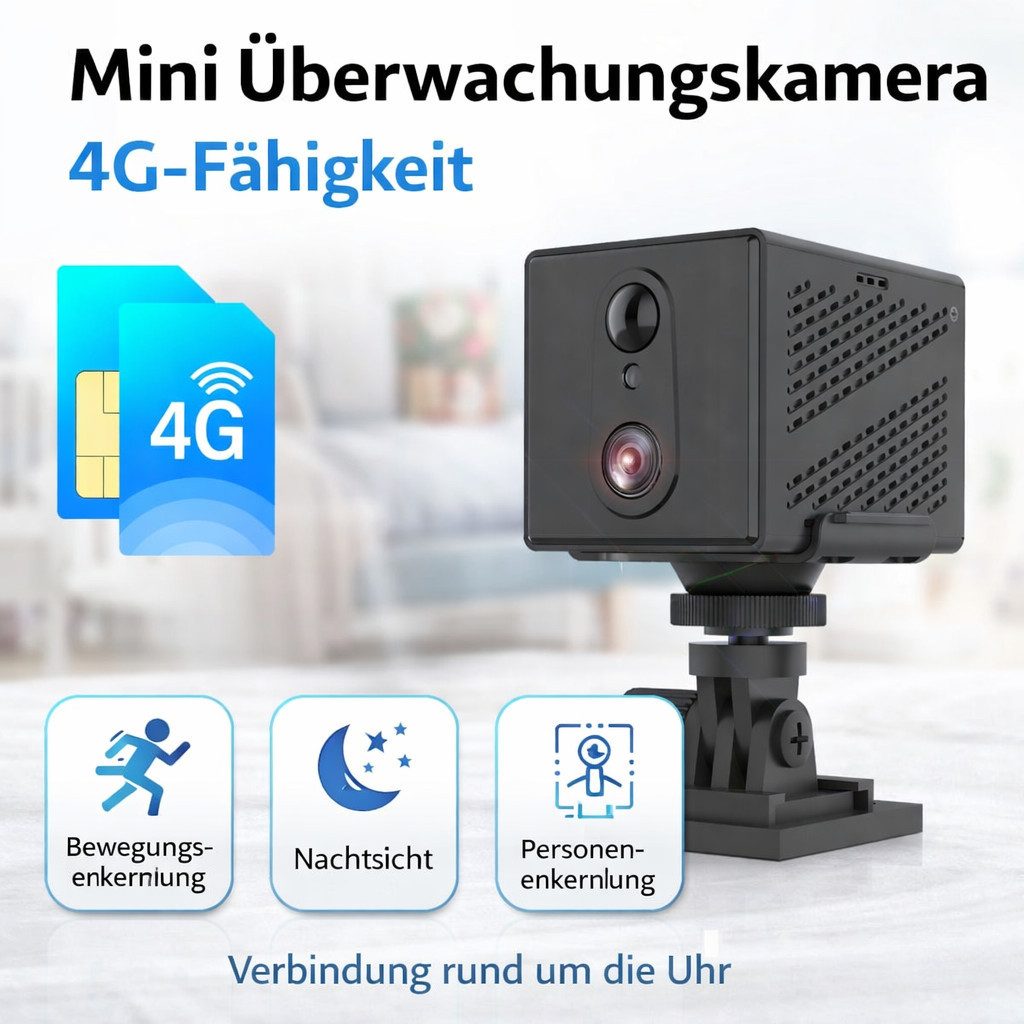 SpionProfi Überwachungskamera 4G LTE Mini Kamera FULL HD Live Video Überwachung Haus Geschäft Büro (Innenbereich, Außenbereich (muss überdacht sein), 1-tlg., Live Überwachungskamera mit Nachtsicht, Bewegungsmelder, 2-Wege Audio)