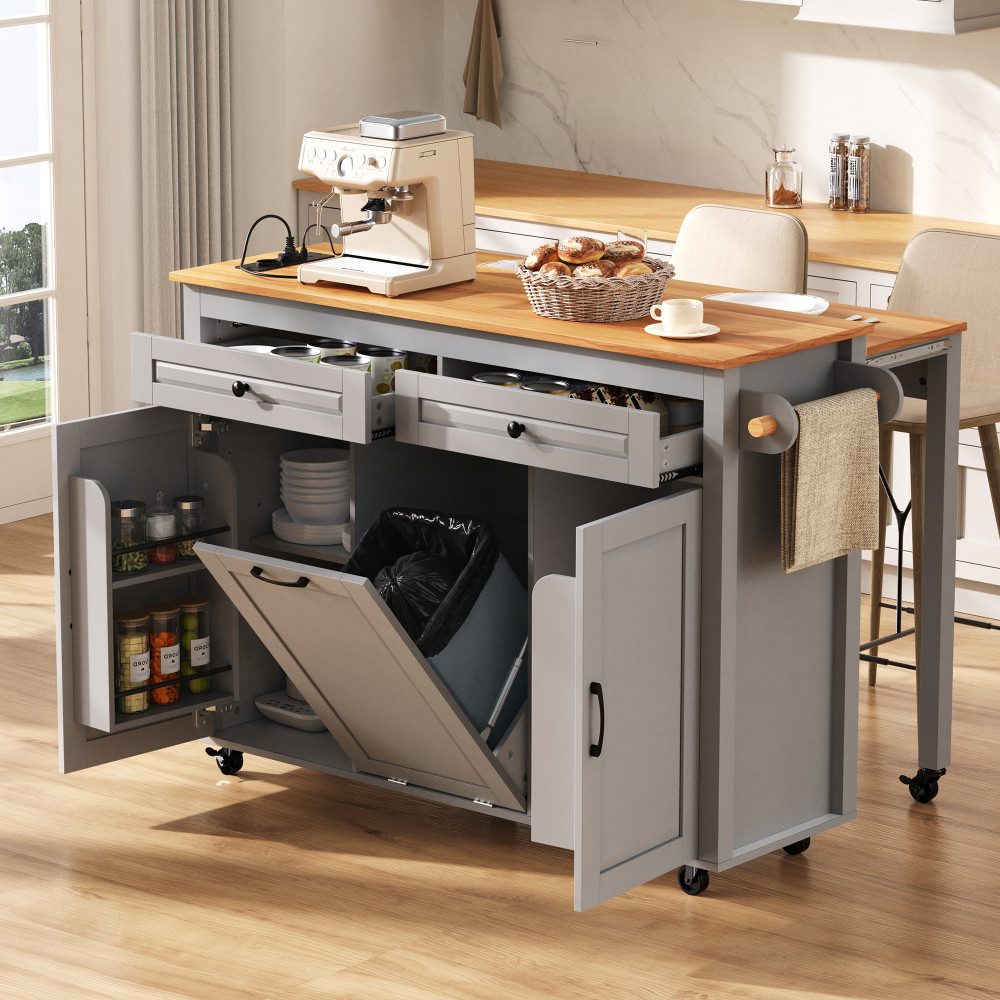 BBWL Kücheninsel Kücheninsel auf Rollen mit ausziehbarer Arbeitsplatte, Abfallbehälterfach und Steckdosenleiste, mobile MDF Kücheninsel