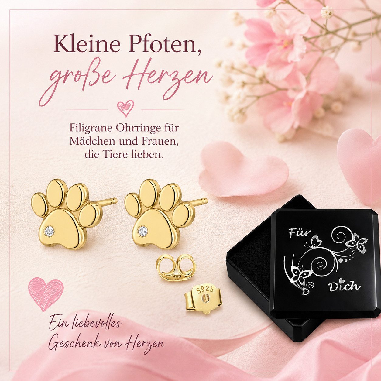 Limana Paar Ohrstecker dezente Pfoten Ohrringe Mädchen Damen 925 Silber gold Schmuck Geschenk (Silberschmuck inkl. Dose), Geburtstag Einschulung Schulanfang Ost – Bild 2 von 5
