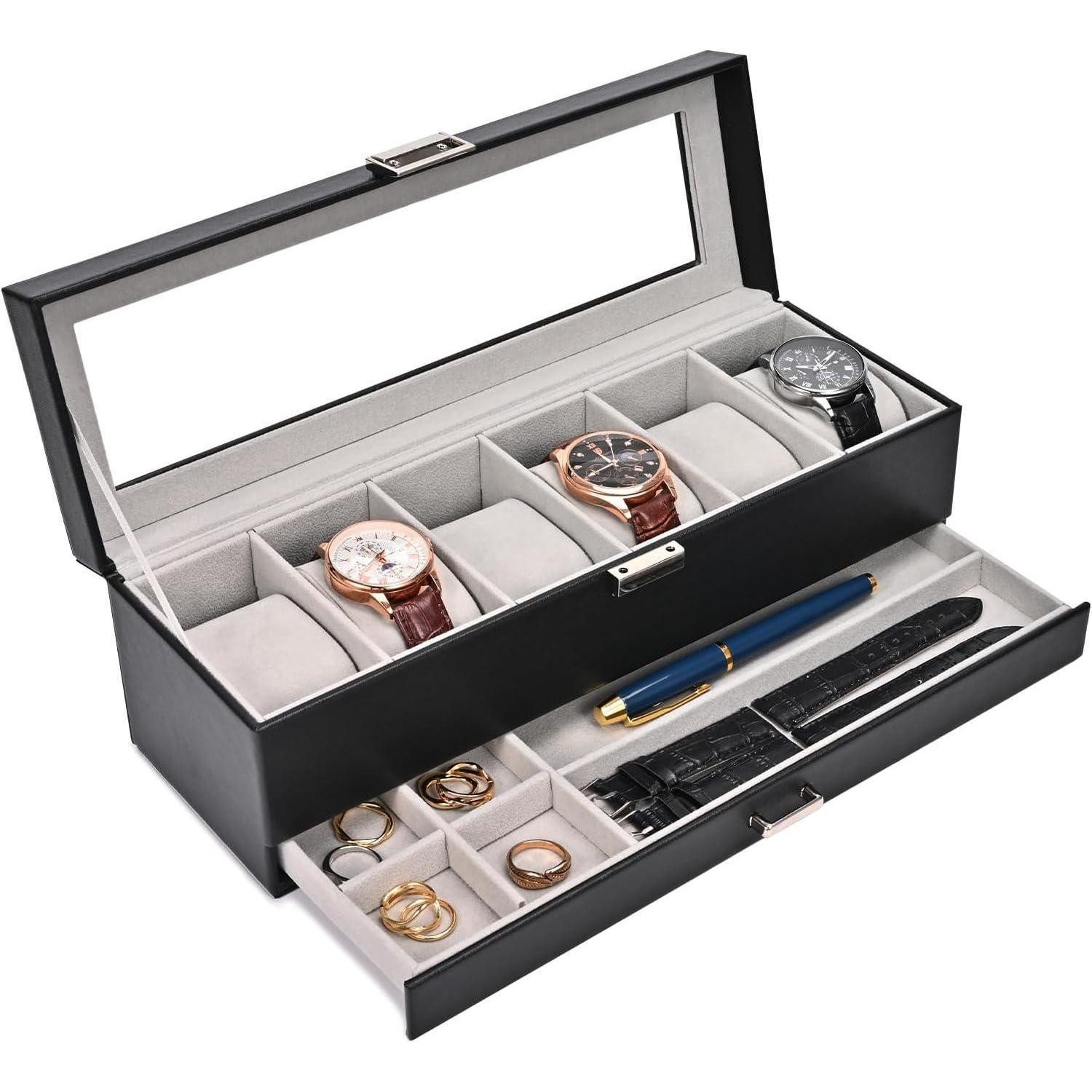 LuxusKollektion Uhrenbox Uhrenbox 6 Fächer Glasdeckel 2 Ebenen Uhrenkissen 6-Slot Schwarz