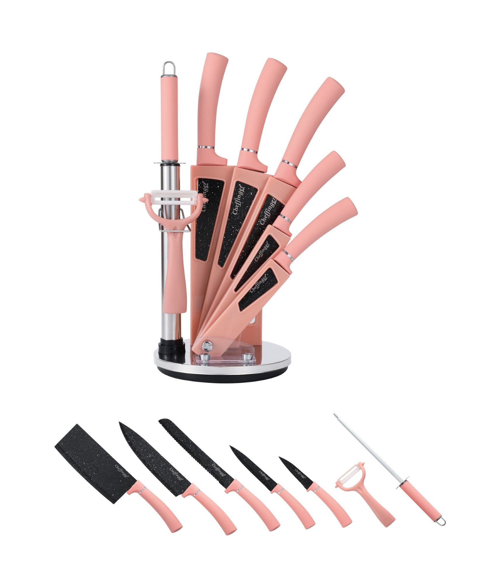 Cheffinger Messer-Set 8 tlg Messerständer drehbar Pink Messer aus Edelstahl