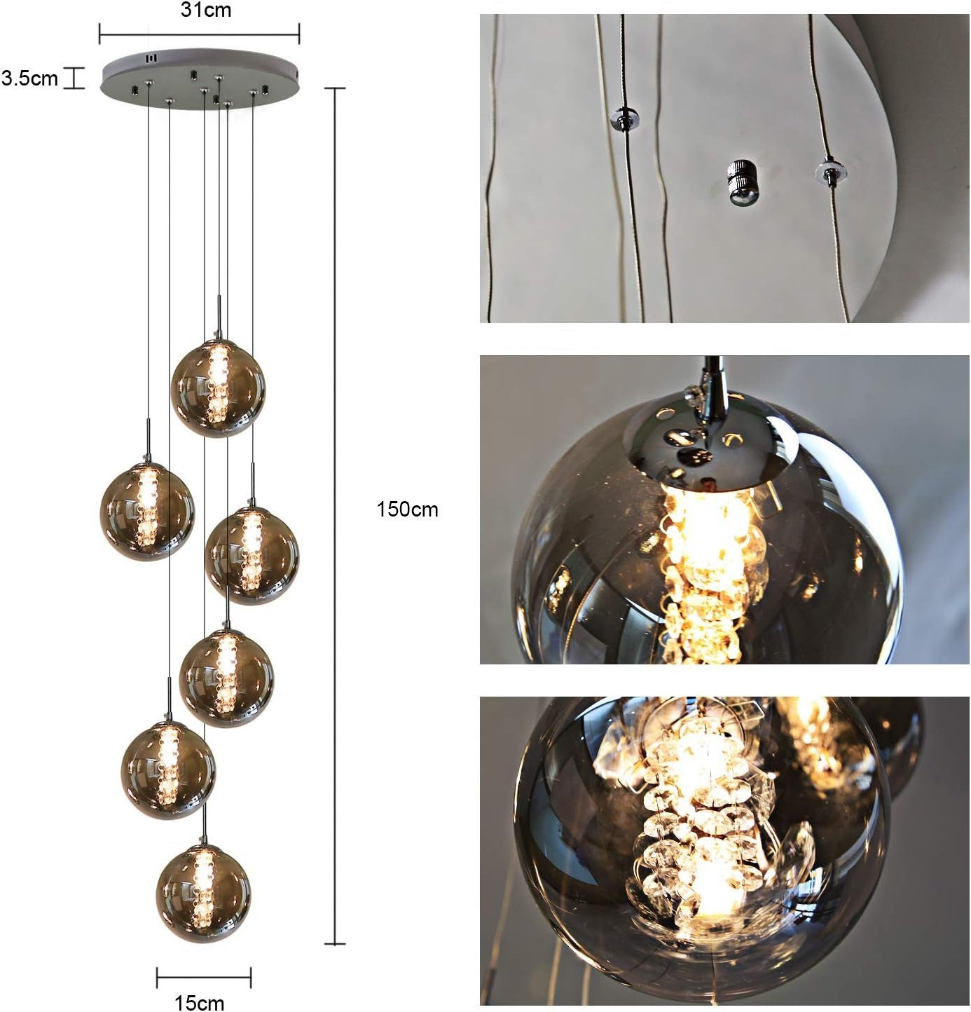 ZMH Pendelleuchte Esstisch 3/4/6/10/15-flammig,G9 Hängeleuchte, 3000 K, LED wechselbar, Warmweiß, 150 cm höhenverstellbar, inkl. Leuchtmittel – Bild 5 von 5