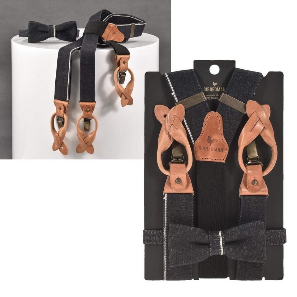 Sir Redman Hosenträger Denim Holländer Y-Form Set, Fliege, Hosenclips,130cm  lang, schwarz