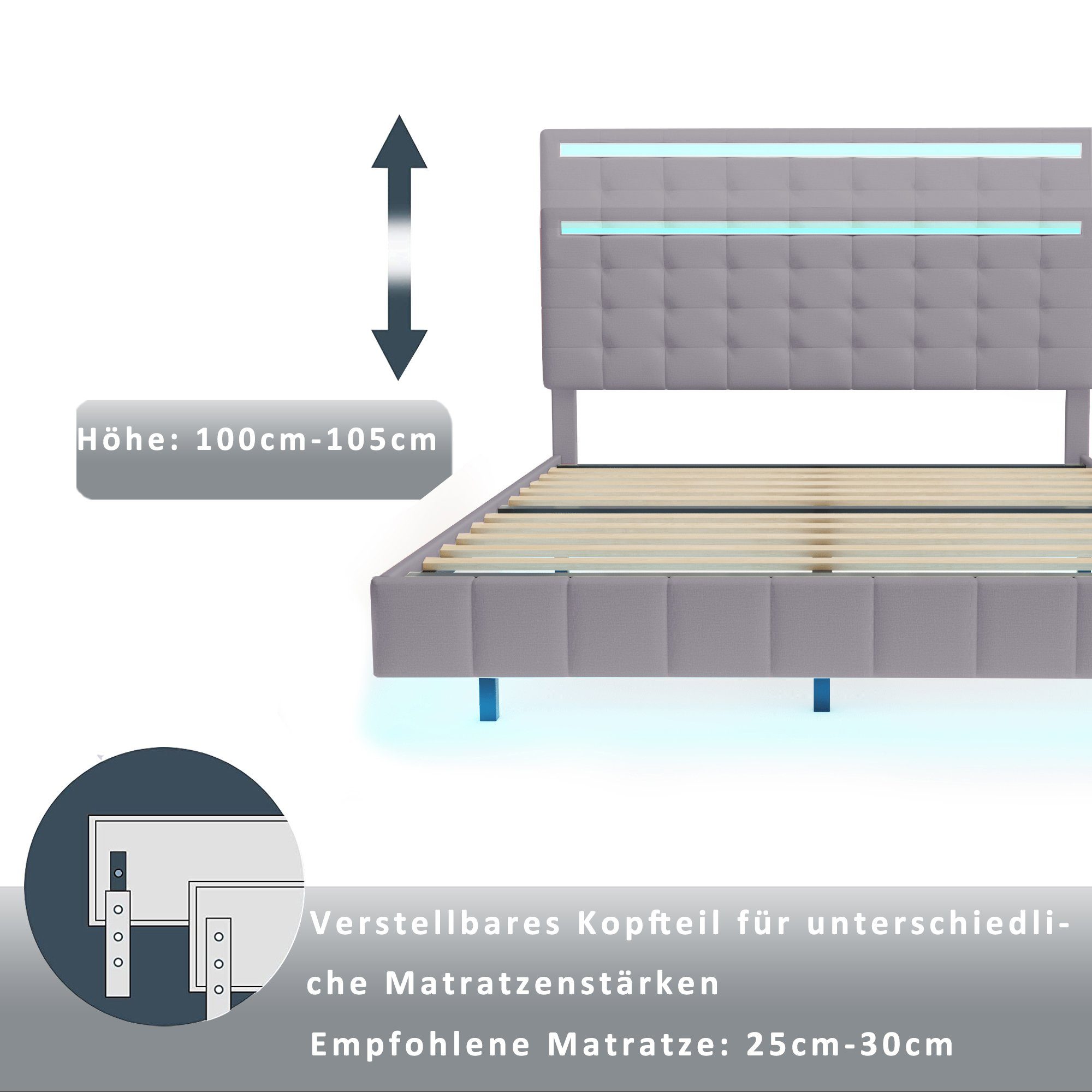 Polsterbett (LED Doppelbett), mit USB Ladefunktion und höhenverstellbarem Kopfteil 160x200cm, Leinen