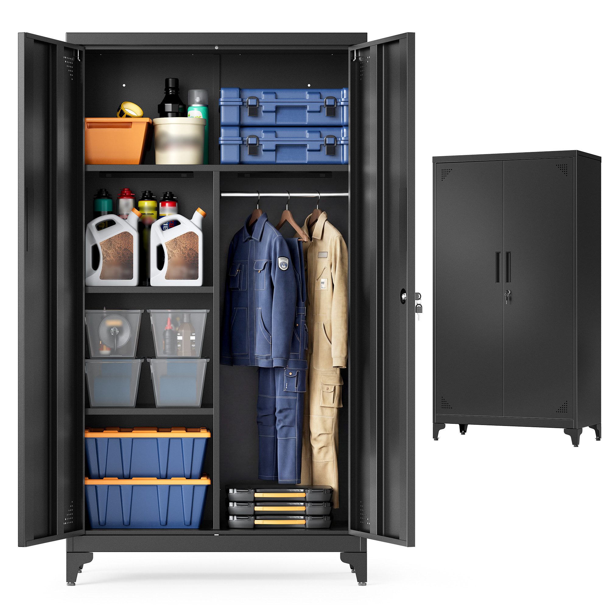 SONGMICS Aktenschrank Mehrzweckschrank, Garderobenschrank, Aufbewahrungsschrank Metallschrank, mit 5 Fächern, Hängestange, abschließbar, hohe Füße