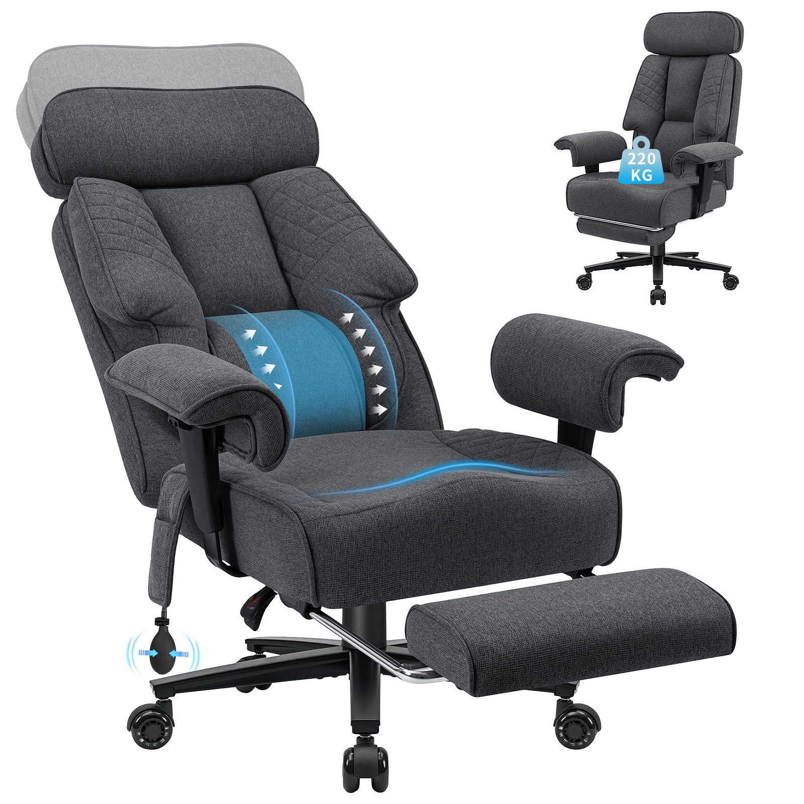 Hoffree Chefsessel XXL ergonomischer Bürostuhl Gamingstuhl Drehstuhl bis 227kg (großer & hoher Chefsessel), breitem Sitz, Hochwertige Stoffe, verstellbarer Lendenstütze