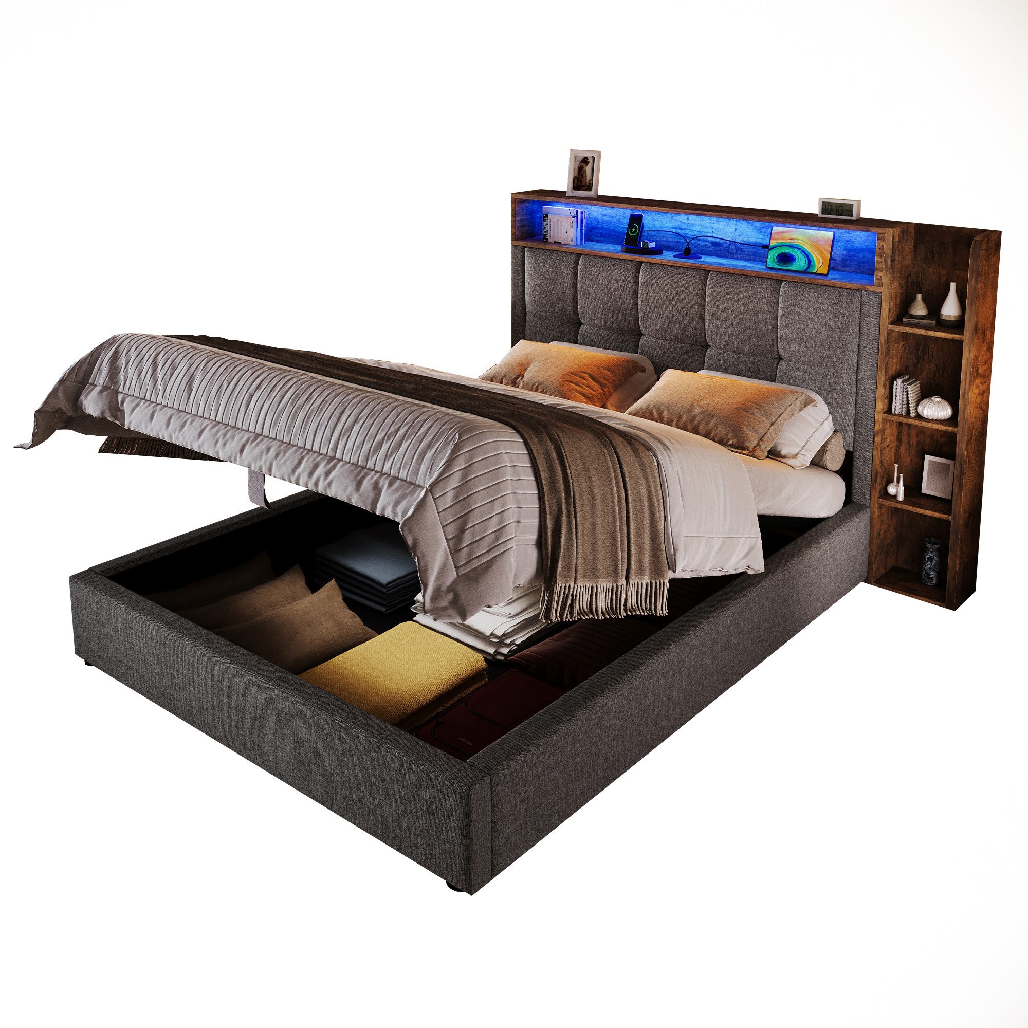 SOFTWEARY Polsterbett mit LED-Beleuchtung und Stauraum günstig online kaufen