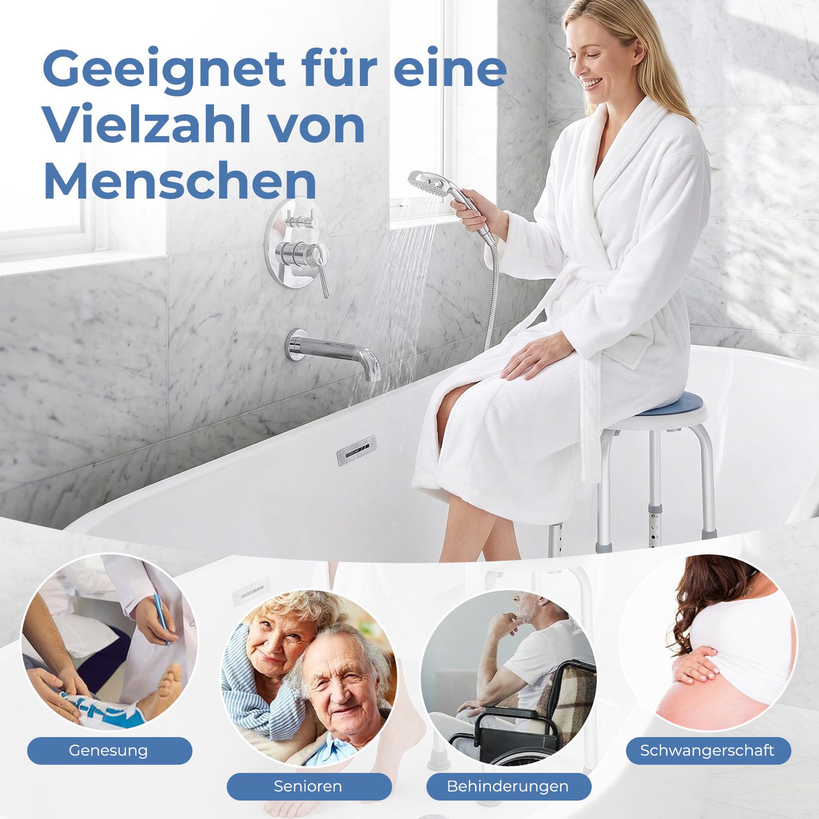 AKKEE Duschhocker 360° drehbarer Hocker Höhenverstellbar Belastbarkeit 136 kg, belastbar bis 136 kg, Badhocker Für ältere Menschen geeignet