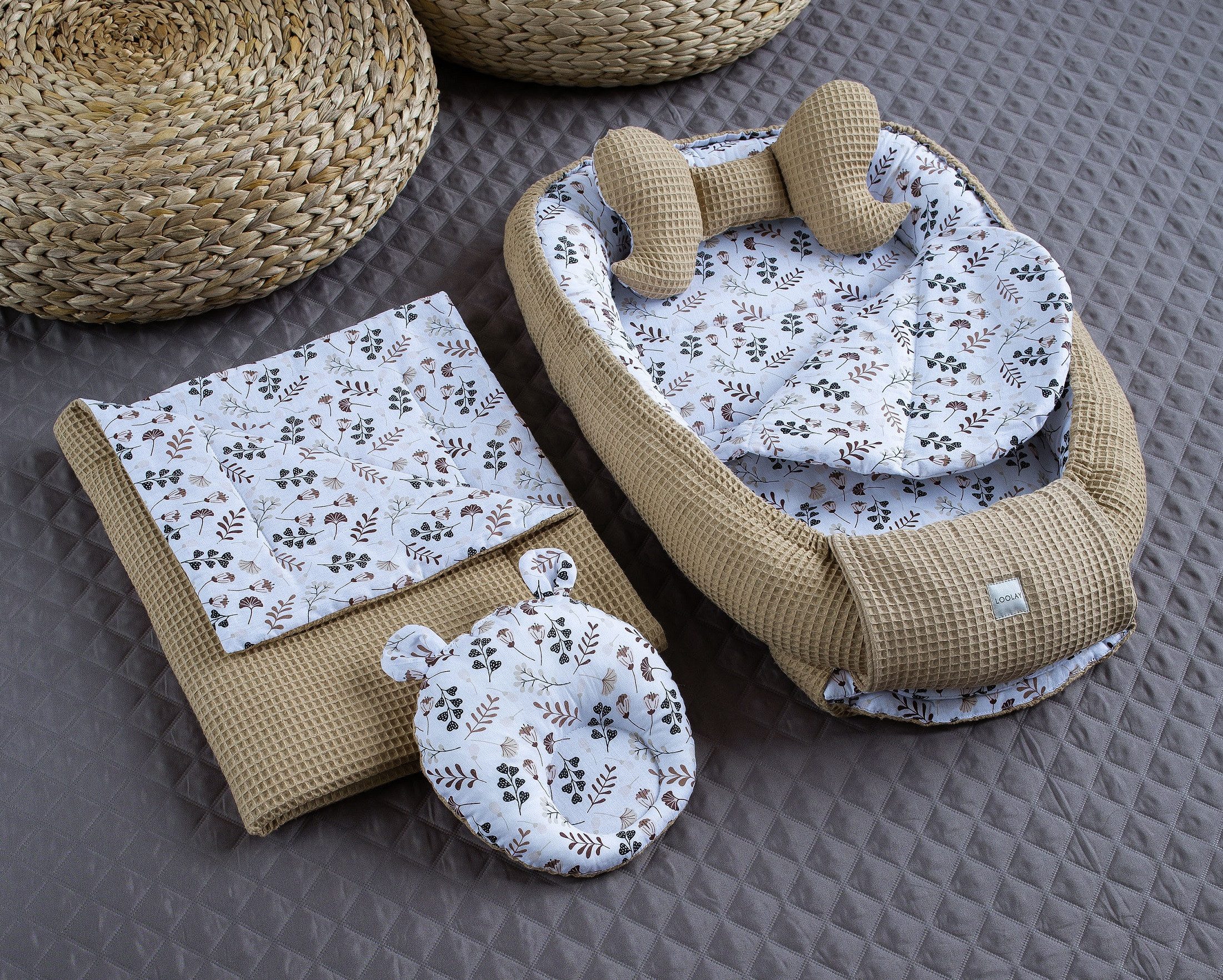Bettnestchen Taupe WAFFELPIQUE/ BLUMEN Braun 5 TLG SET Babynest Babyausstattung