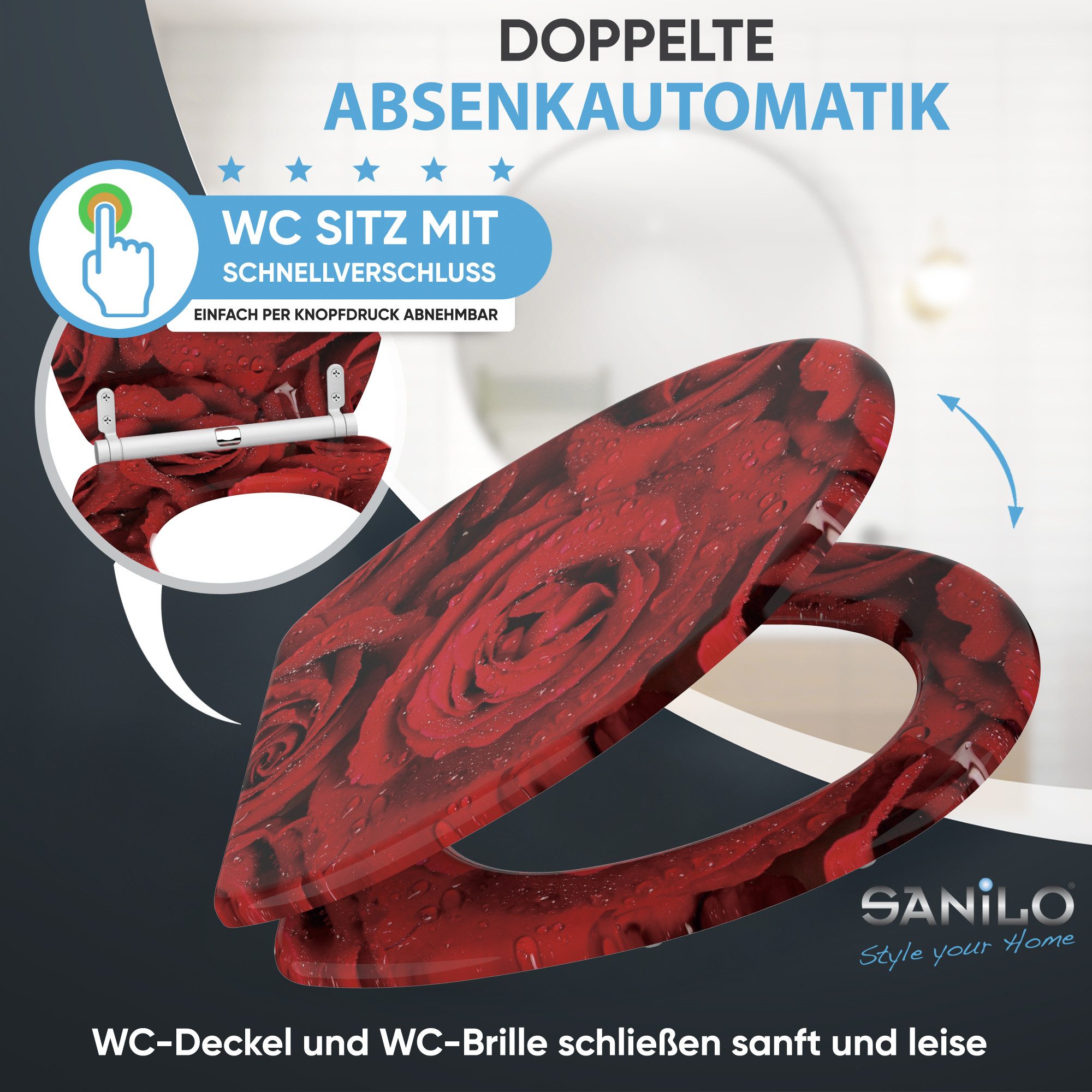 Sanilo WC-Sitz Rosen mit Absenkautomatik & Quick Release, Premium Toilettendeckel, abnehmbar, leichte Montage von oben