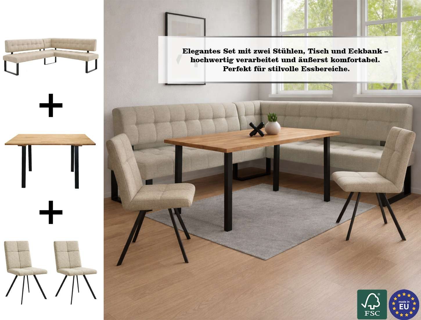 Home affaire Eckbankgruppe Mia Essecke, Sitzgruppe, Eckbankgruppe, Küchenbankgruppe, (Set, 4-tlg., 4er), Eckbank mit Wellenfederung; Tisch in Eiche massiv