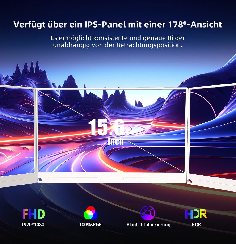UPERFECT Weißer Tragbarer Monitor, Gaming Monitor Portabler Monitor (39,62 cm/15.6 ", 1920x1080 px, Full HD, 25 ms Reaktionszeit, 60 Hz, IPS)